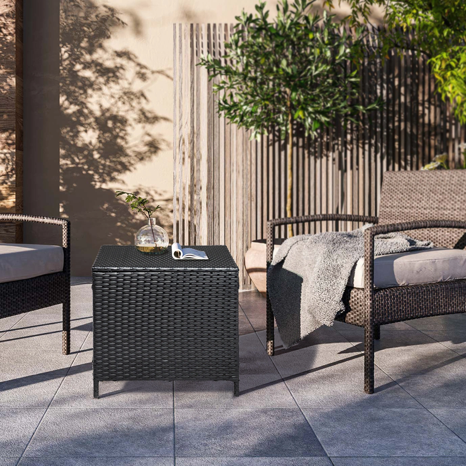 Outdoor PE Wicker Side Table with Storage, Patio Rattan End Table Square Container for Furniture Covers, Toys and Gardening Tools, Black view 8