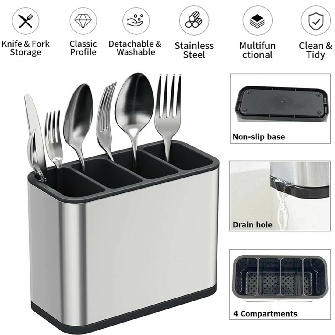 Stainless Steel Kitchen Cutlery Organizer Box - Spoon Fork Chopsticks Drainer Storage Rack Holder Tray for Countertop