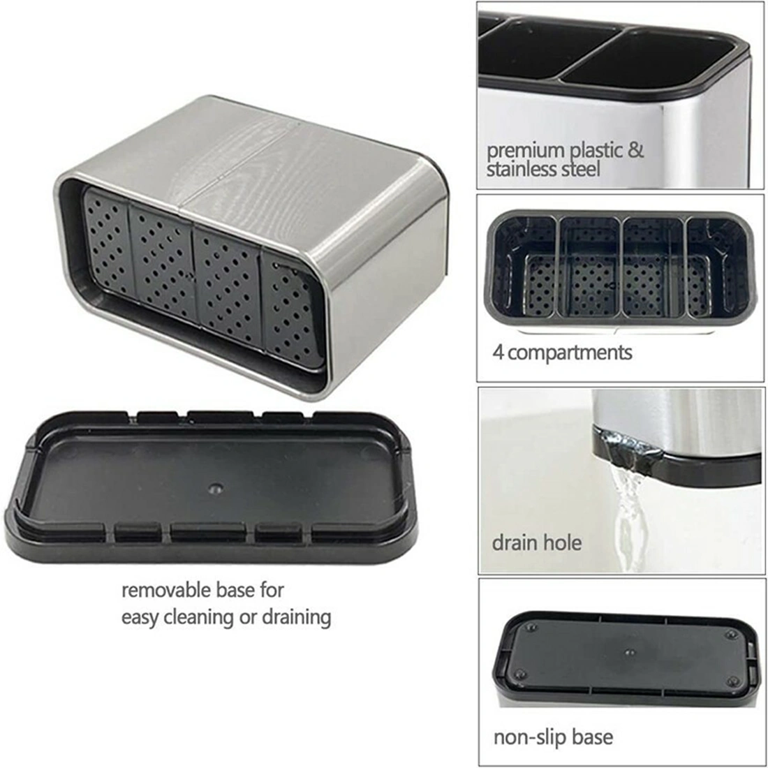 Stainless Steel Kitchen Cutlery Organizer Box - Spoon Fork Chopsticks Drainer Storage Rack Holder Tray for Countertop view 4