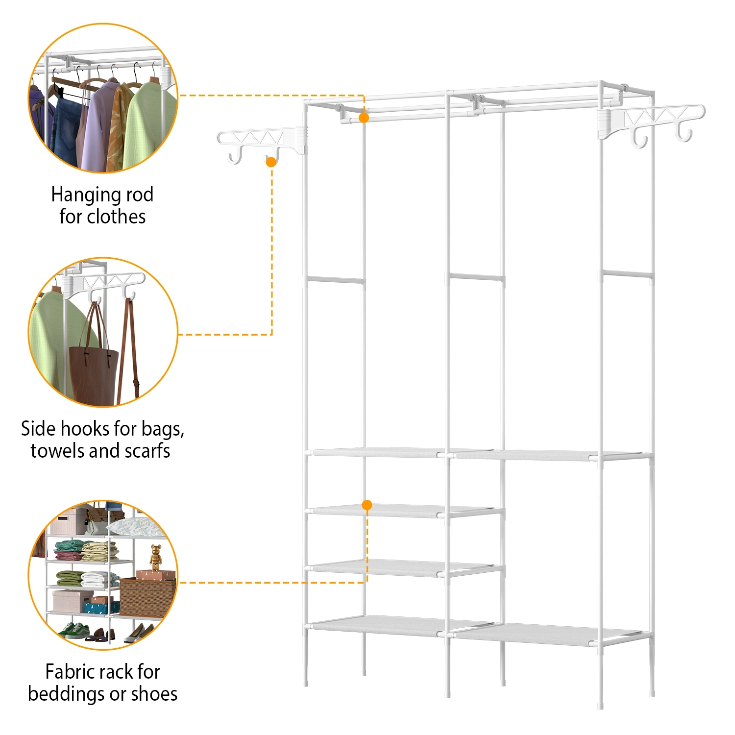66.1x42.1x14.2in Perfect 4 layers of shelves Closet Organizing rack, weight capacity of the hanging rod and the fabric rack reaches up to 33lbs and 11lbs separately. view 6
