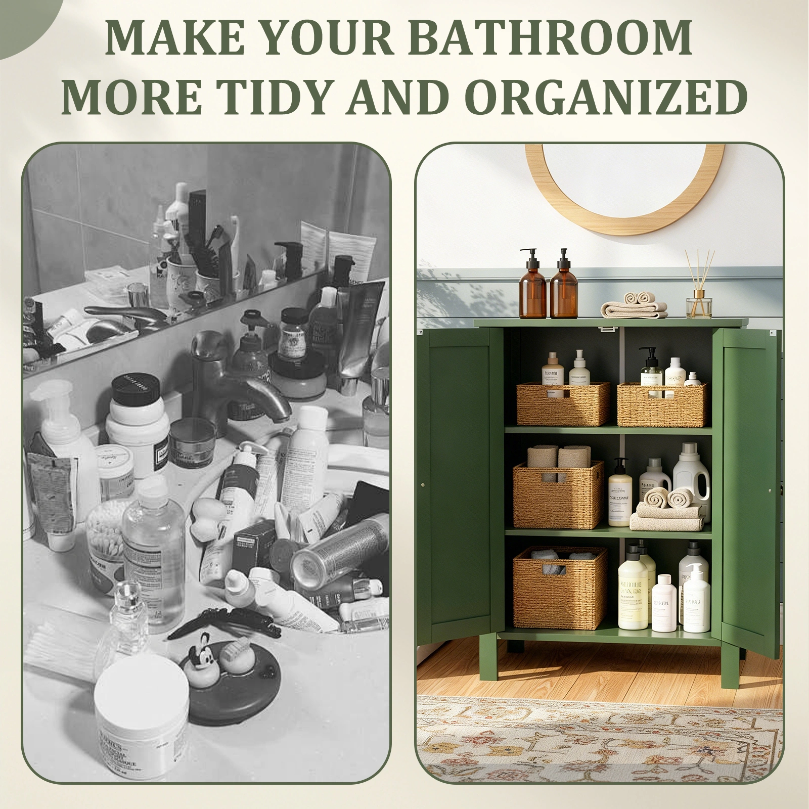 Forest Green MDF Painted with Vertical Stripes, 60*30*80cm, Double Door Bathroom Vanity view 12