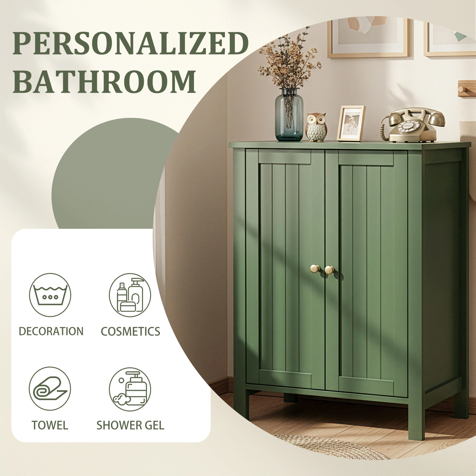 Forest Green MDF Painted with Vertical Stripes, 60*30*80cm, Double Door Bathroom Vanity view 13