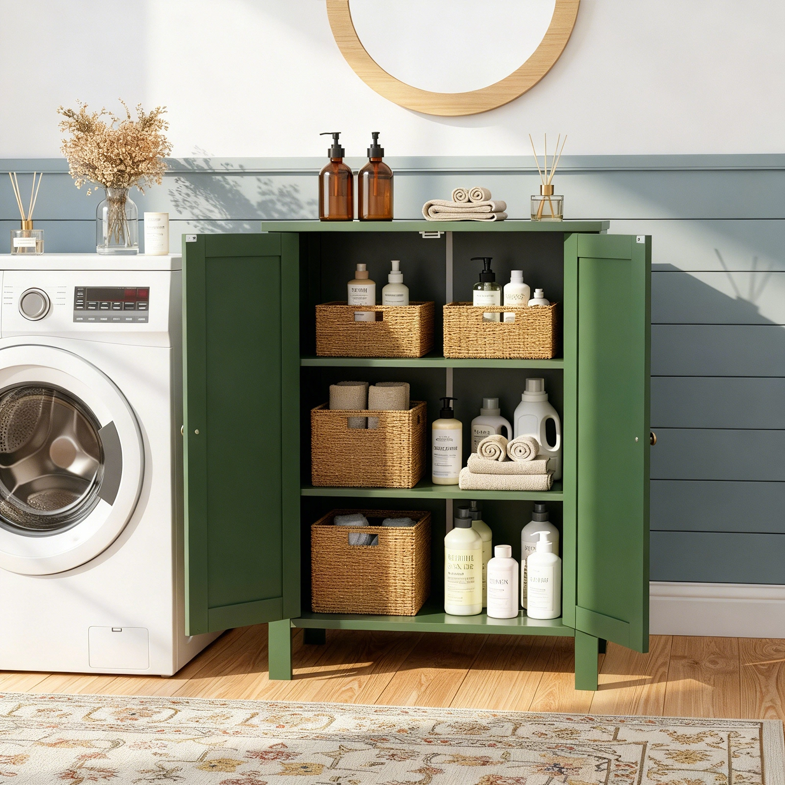 Forest Green MDF Painted with Vertical Stripes, 60*30*80cm, Double Door Bathroom Vanity view 7