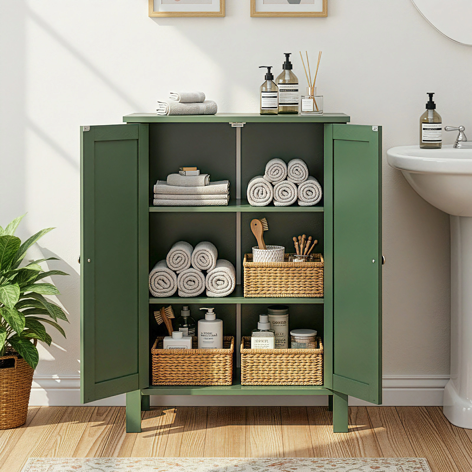 Forest Green MDF Painted with Vertical Stripes, 60*30*80cm, Double Door Bathroom Vanity view 8