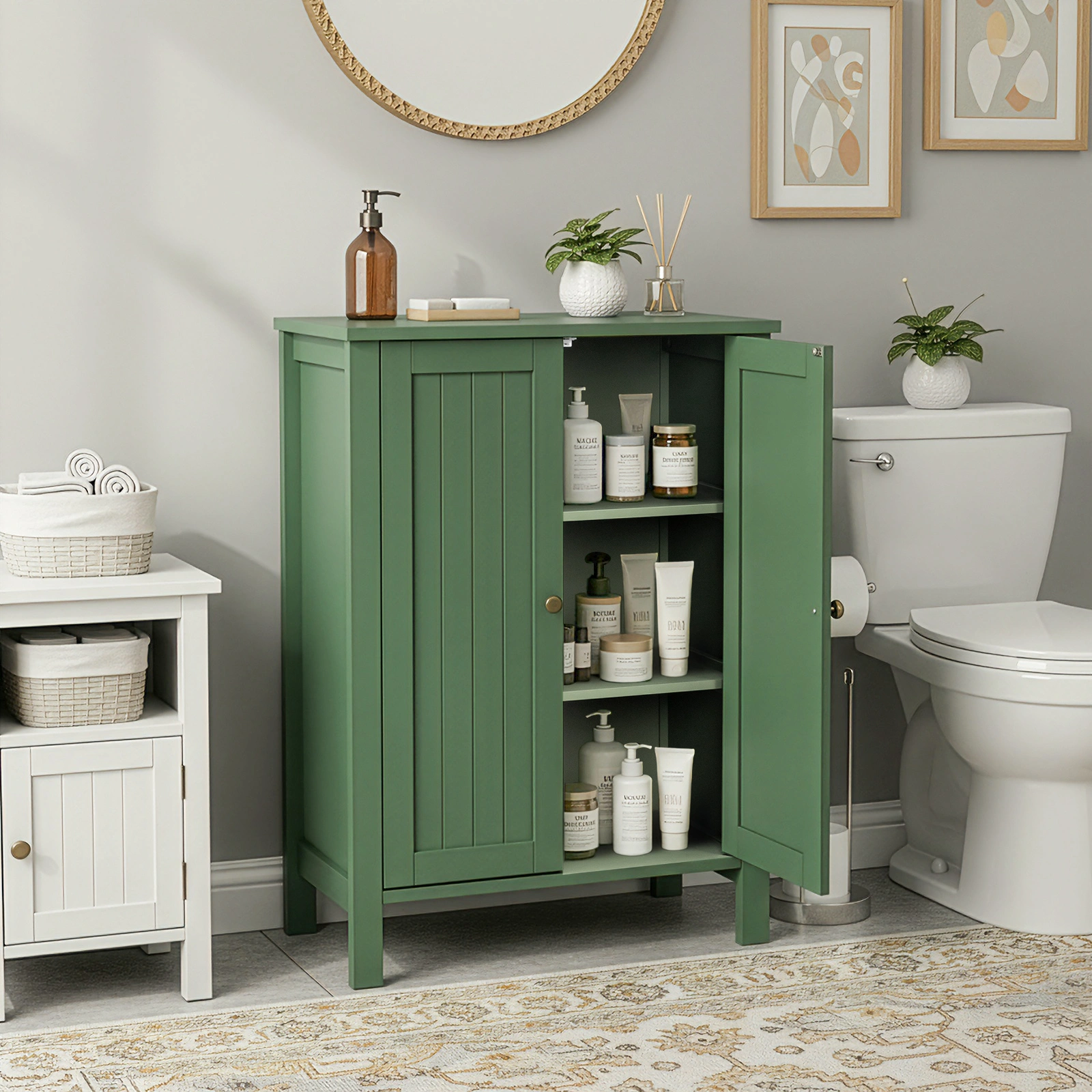 Forest Green MDF Painted with Vertical Stripes, 60*30*80cm, Double Door Bathroom Vanity view 9