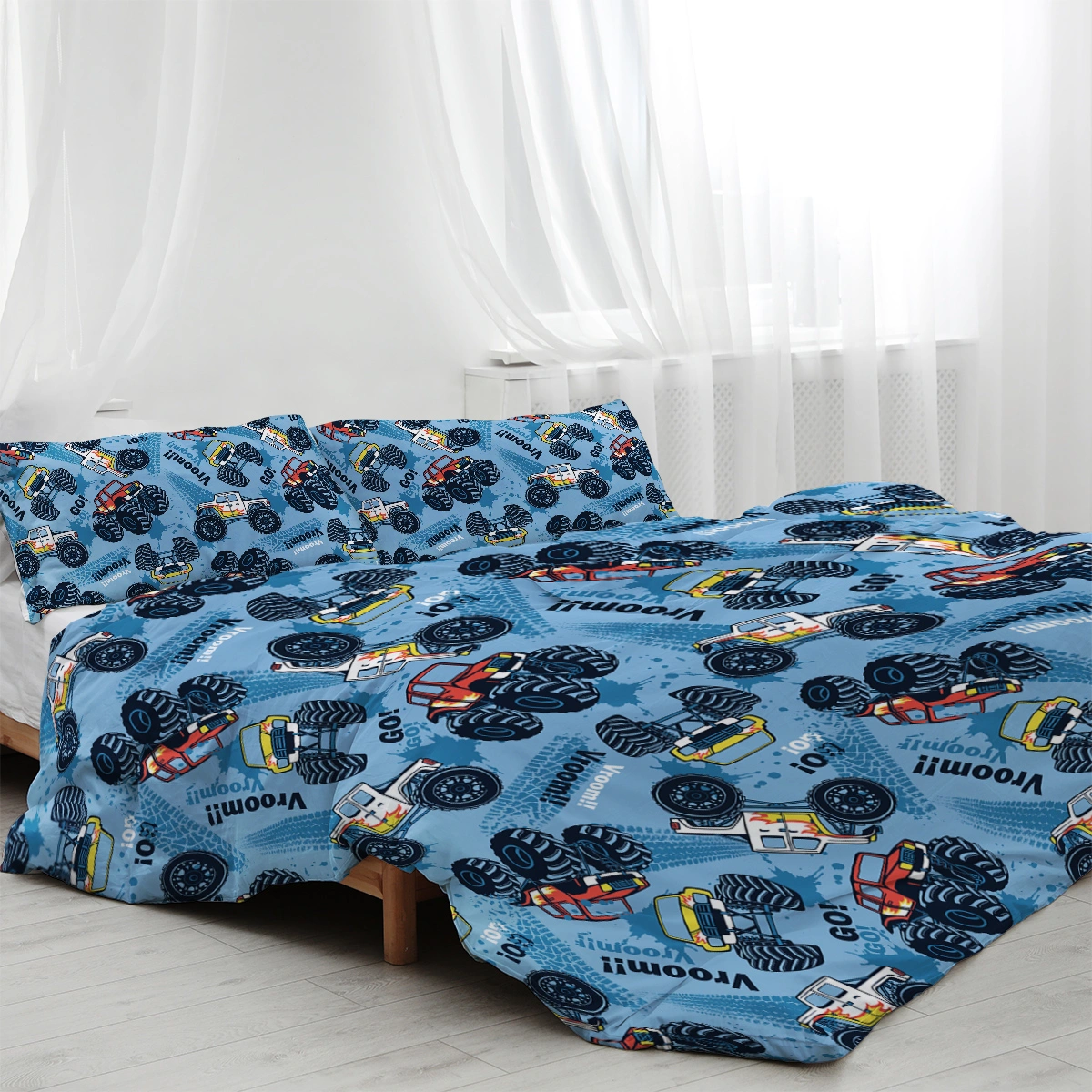 Kids Monster Truck Duvet Cover Set Double - 3-Piece Brushed Microfiber Bedding for Boys Teens, Cute Vehicle Print Quilt Cover view 2