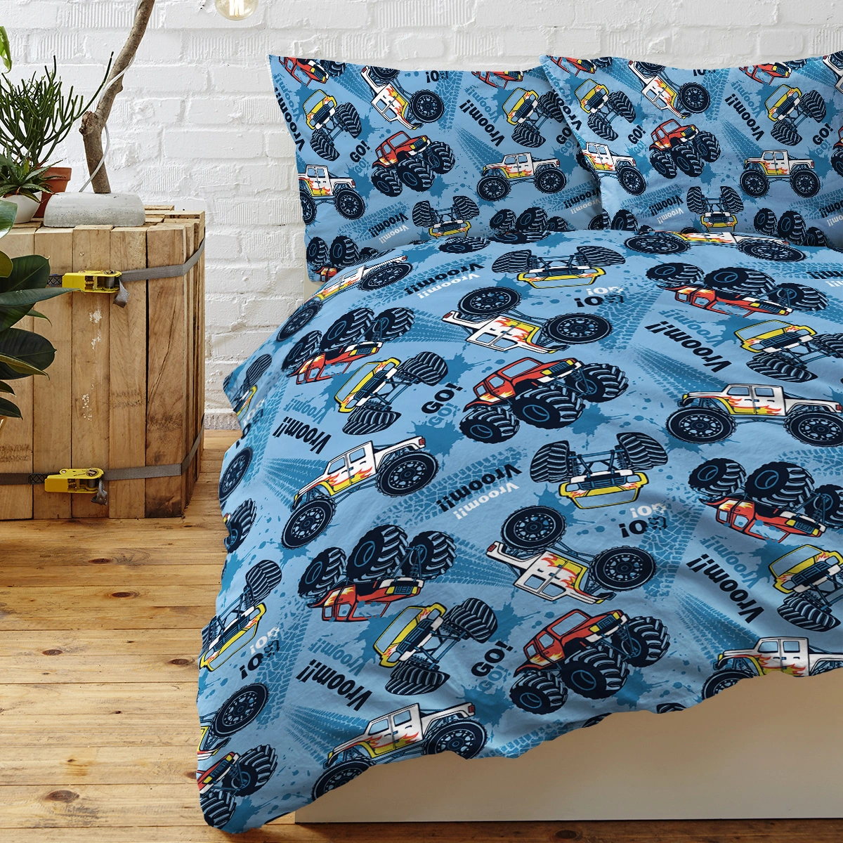 Kids Monster Truck Duvet Cover Set Double - 3-Piece Brushed Microfiber Bedding for Boys Teens, Cute Vehicle Print Quilt Cover view 3