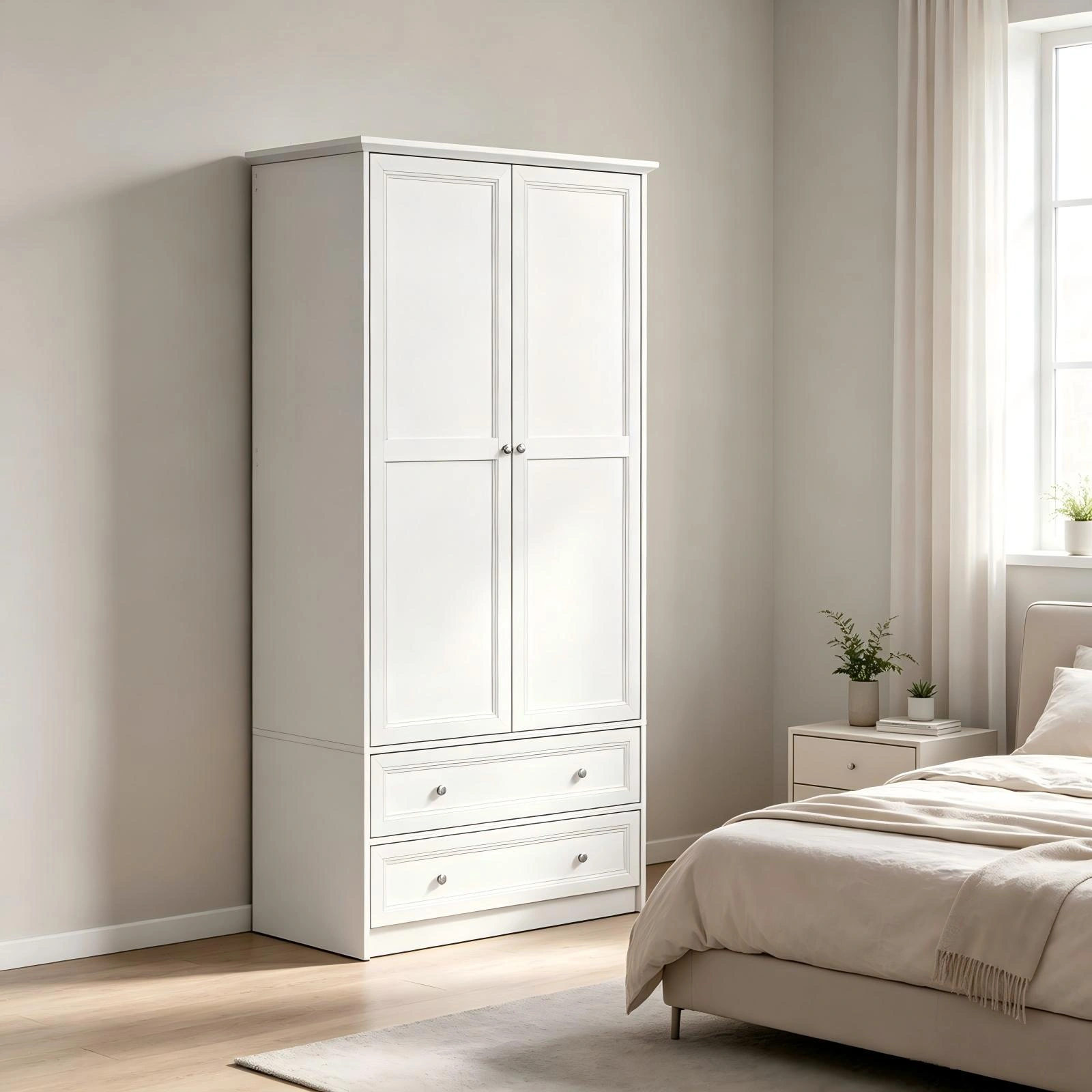 White Wardrobe Cabinet with 2 Doors 2 Drawers, Melamine Particleboard Storage Cupboard, 35.43x19.69x72.05 Inch
