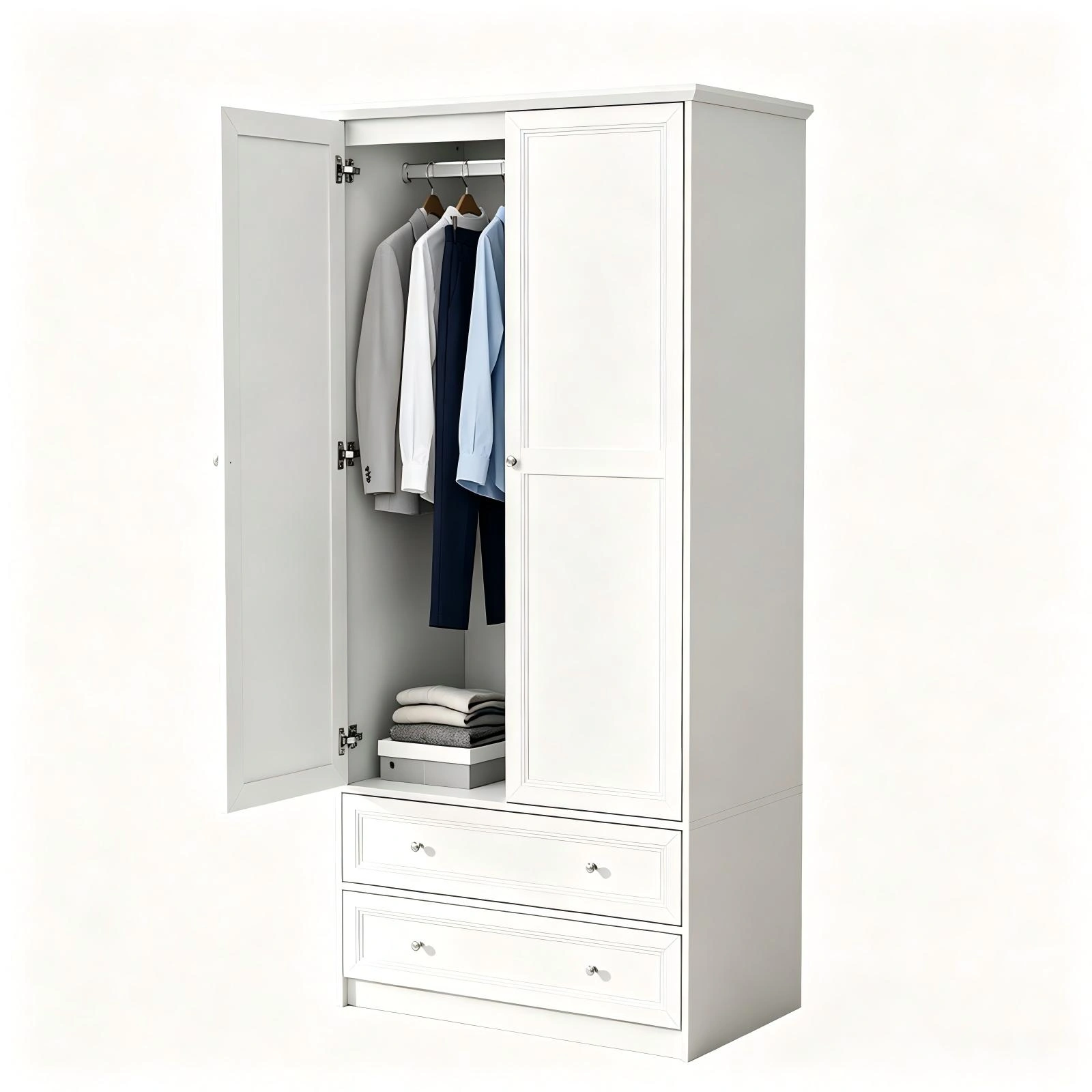 White Wardrobe Cabinet with 2 Doors 2 Drawers, Melamine Particleboard Storage Cupboard, 35.43x19.69x72.05 Inch view 3