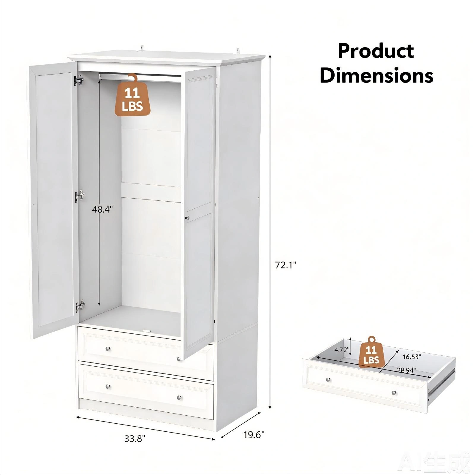White Wardrobe Cabinet with 2 Doors 2 Drawers, Melamine Particleboard Storage Cupboard, 35.43x19.69x72.05 Inch view 4