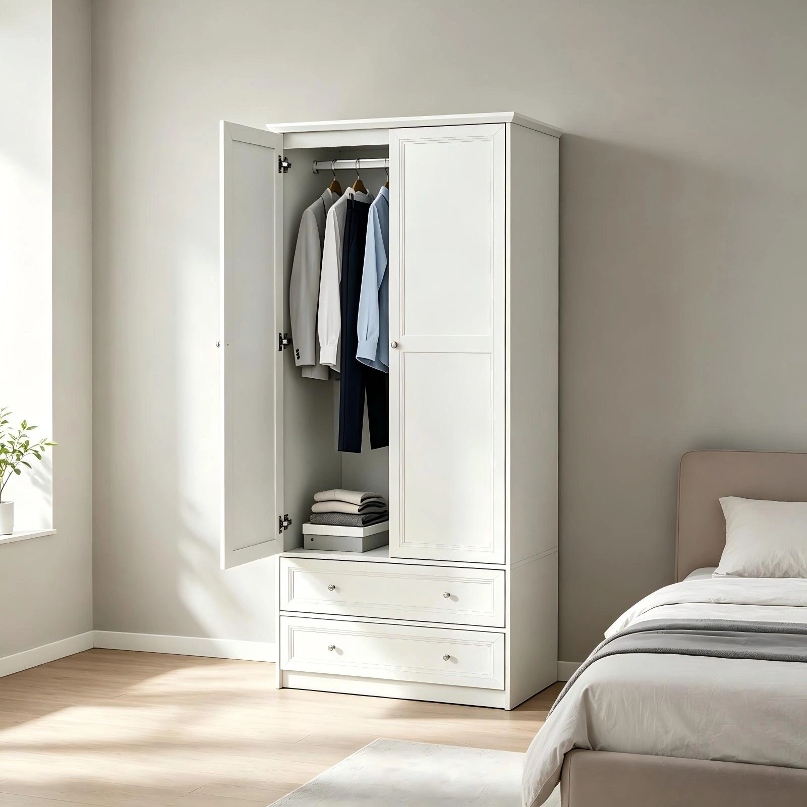White Wardrobe Cabinet with 2 Doors 2 Drawers, Melamine Particleboard Storage Cupboard, 35.43x19.69x72.05 Inch view 9