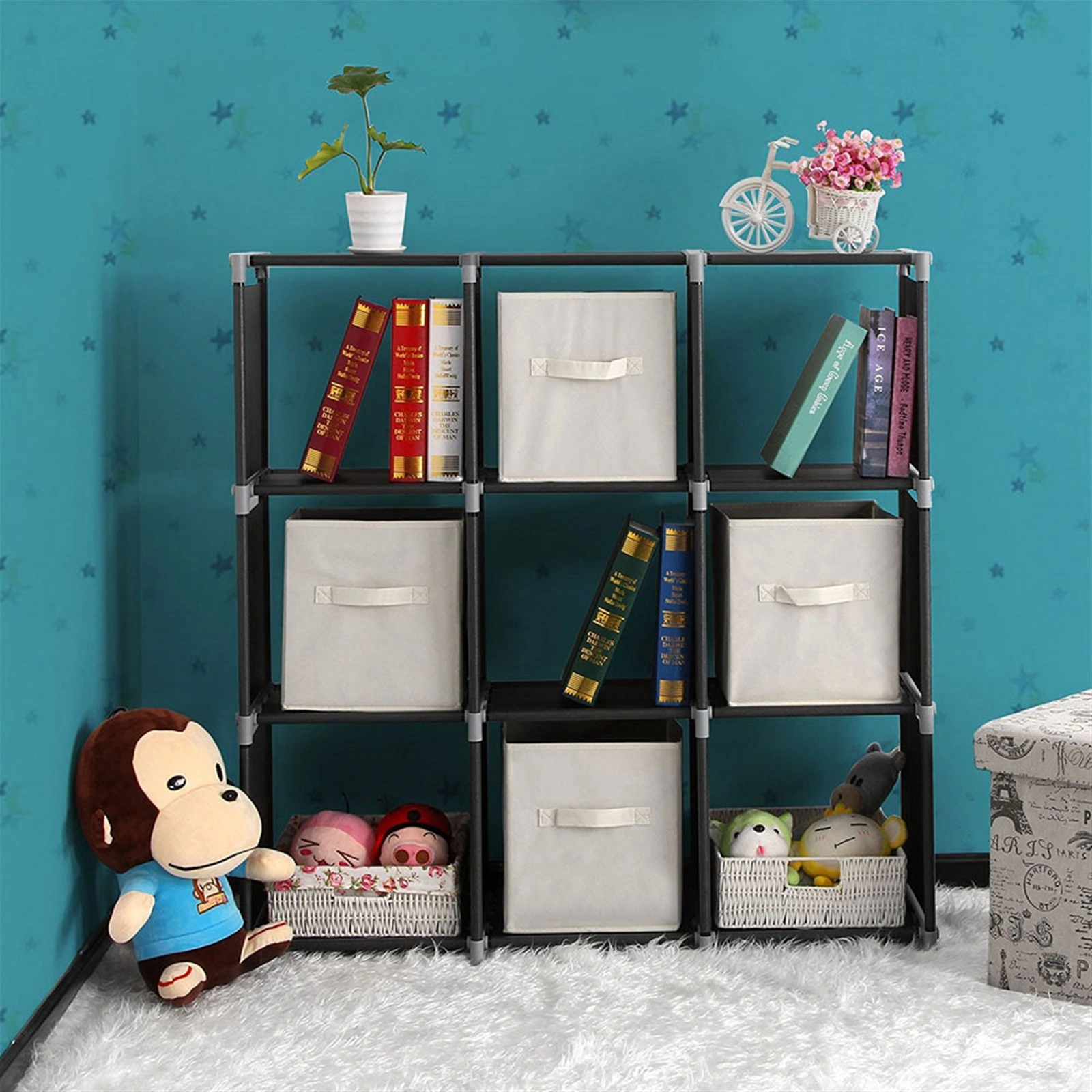 3-Tier 9-Compartment Storage Shelf - Black, Multifunctional Assembled Organizer Rack view 4