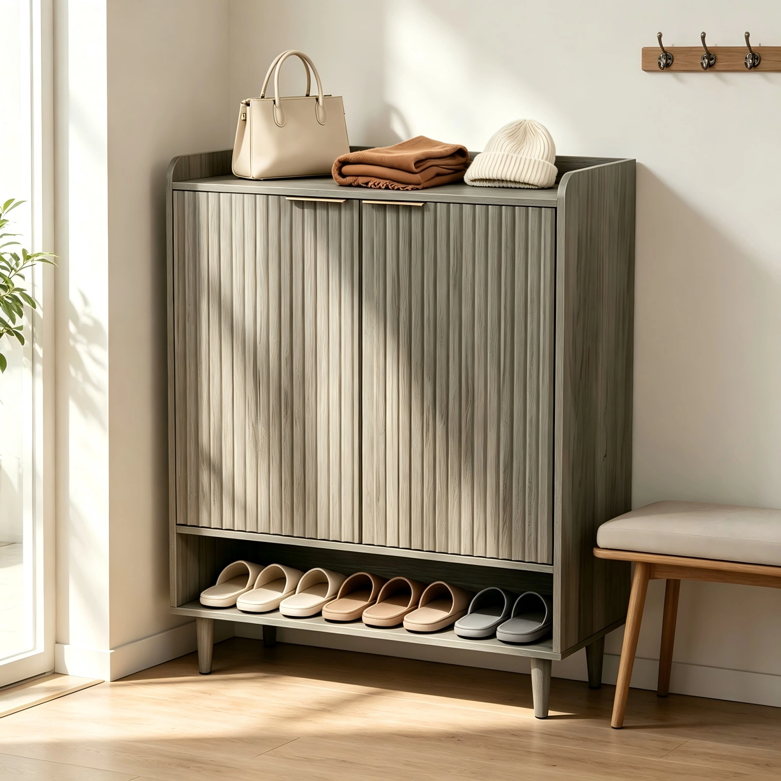 Grey Oak Shoe Cabinet 31.61x14.17x41.97in - 2 Doors, Top Railing, 1 Shelf Row, Melamine Board MDF Conical Leg Grille Design