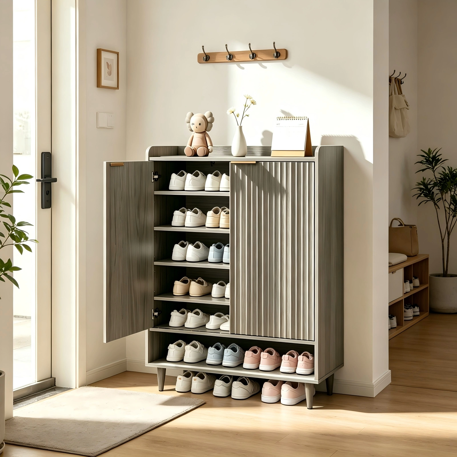 Grey Oak Shoe Cabinet 31.61x14.17x41.97in - 2 Doors, Top Railing, 1 Shelf Row, Melamine Board MDF Conical Leg Grille Design view 10