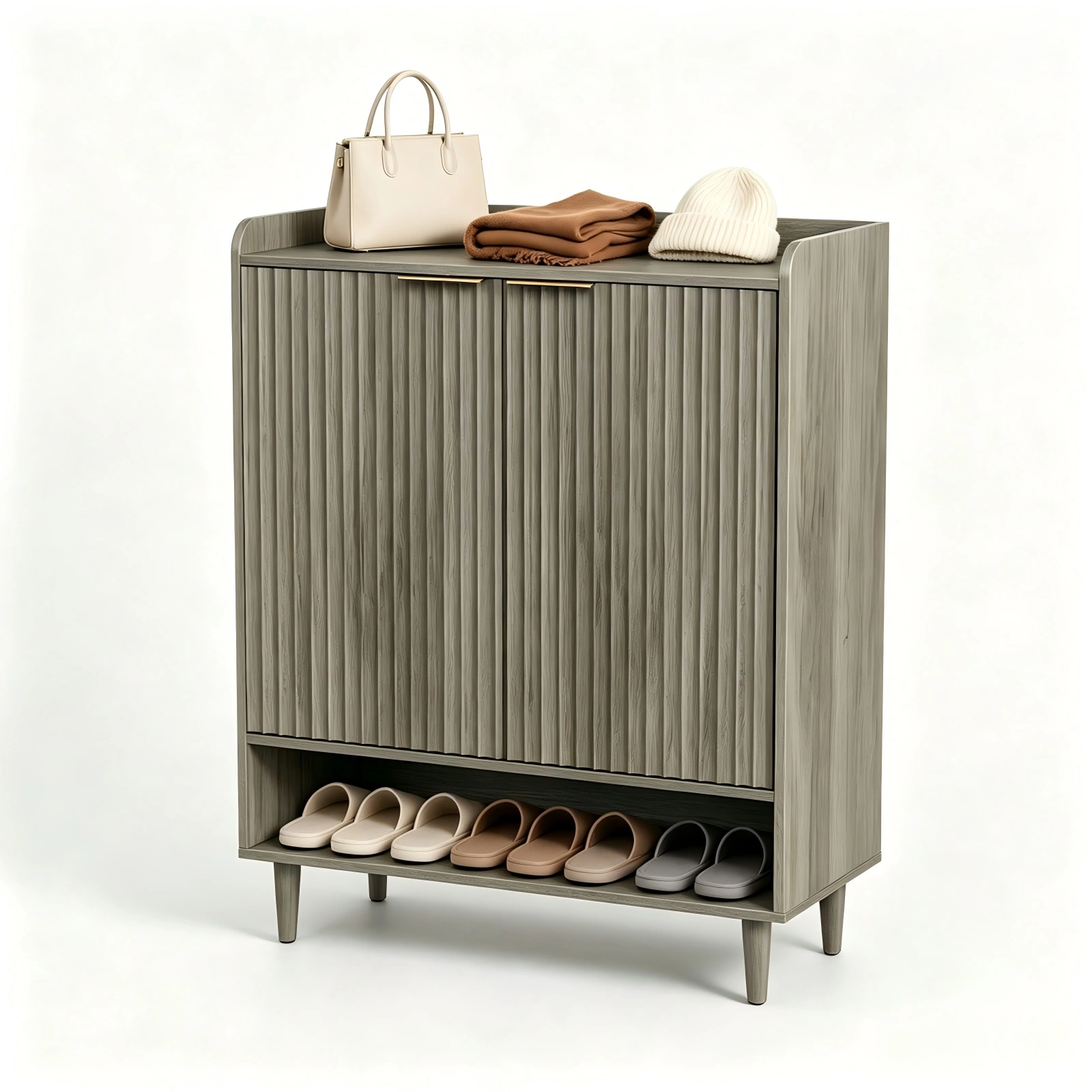 Grey Oak Shoe Cabinet 31.61x14.17x41.97in - 2 Doors, Top Railing, 1 Shelf Row, Melamine Board MDF Conical Leg Grille Design view 2