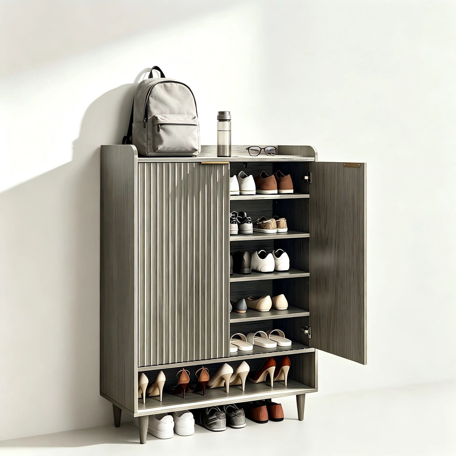 Grey Oak Shoe Cabinet 31.61x14.17x41.97in - 2 Doors, Top Railing, 1 Shelf Row, Melamine Board MDF Conical Leg Grille Design view 3