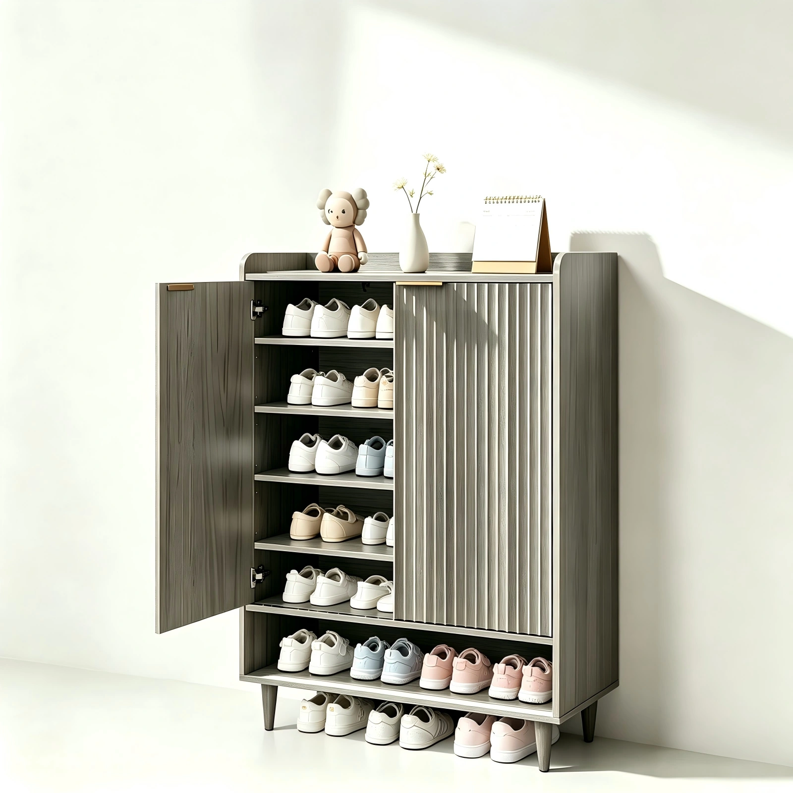 Grey Oak Shoe Cabinet 31.61x14.17x41.97in - 2 Doors, Top Railing, 1 Shelf Row, Melamine Board MDF Conical Leg Grille Design view 4