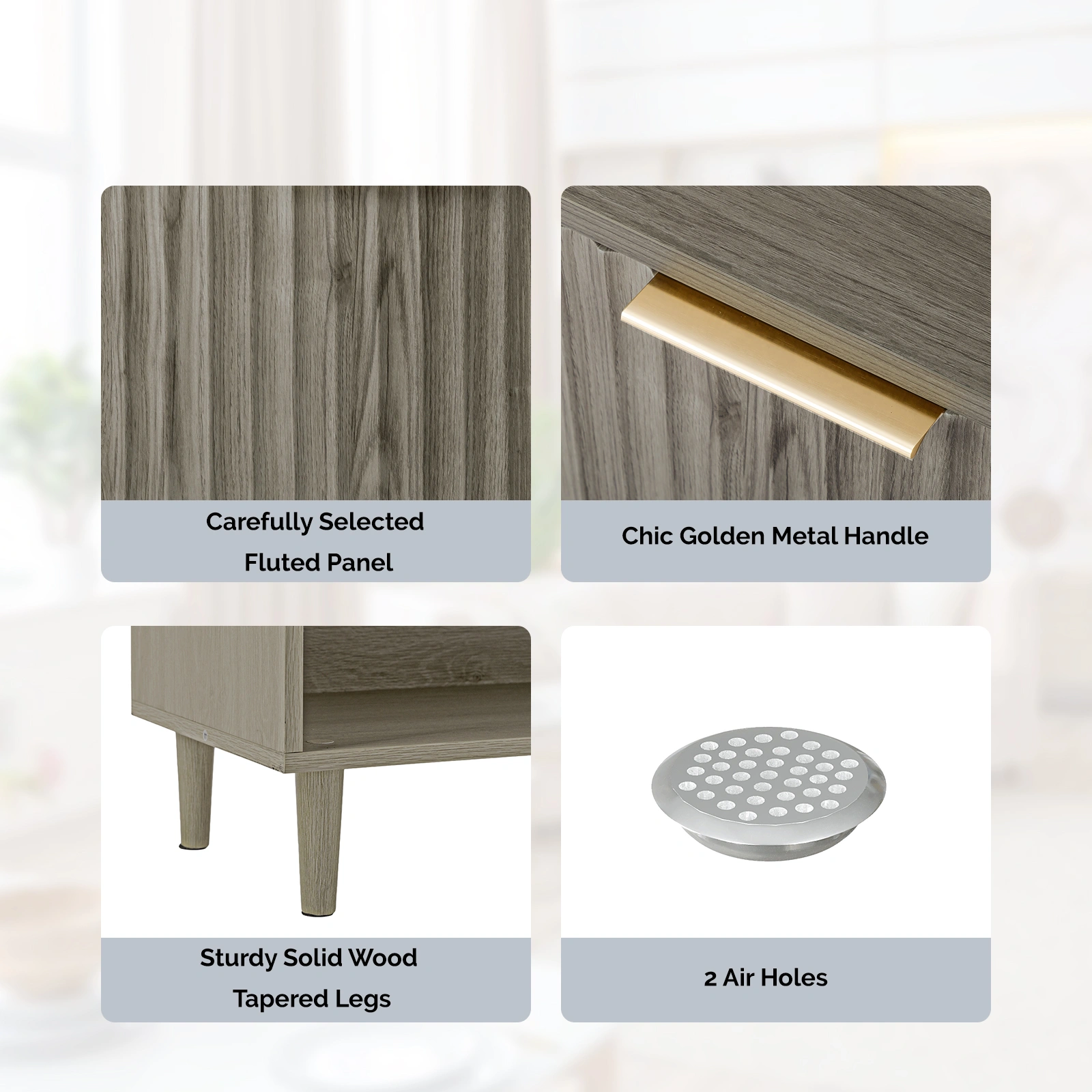 Grey Oak Shoe Cabinet 31.61x14.17x41.97in - 2 Doors, Top Railing, 1 Shelf Row, Melamine Board MDF Conical Leg Grille Design view 6