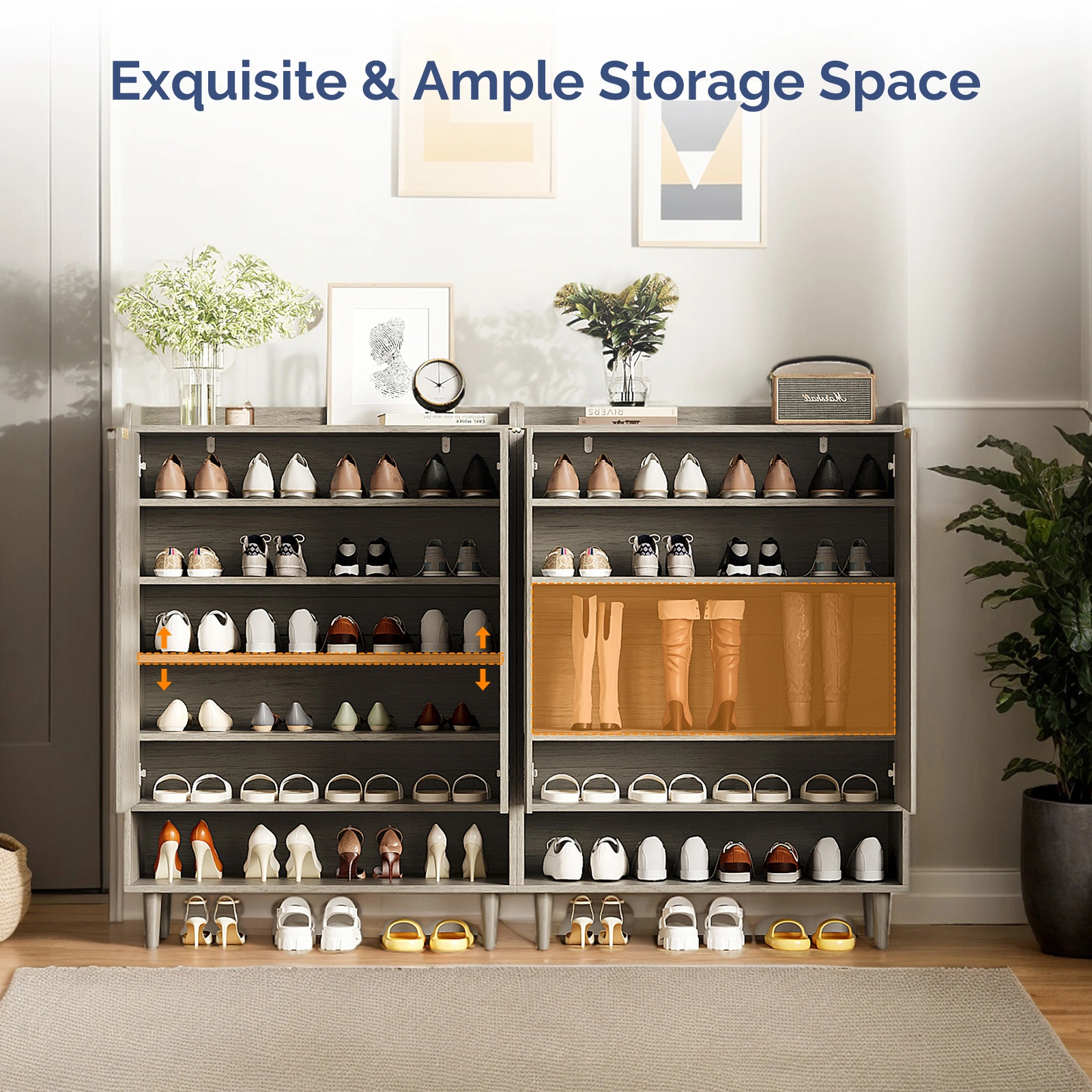 Grey Oak Shoe Cabinet 31.61x14.17x41.97in - 2 Doors, Top Railing, 1 Shelf Row, Melamine Board MDF Conical Leg Grille Design view 7