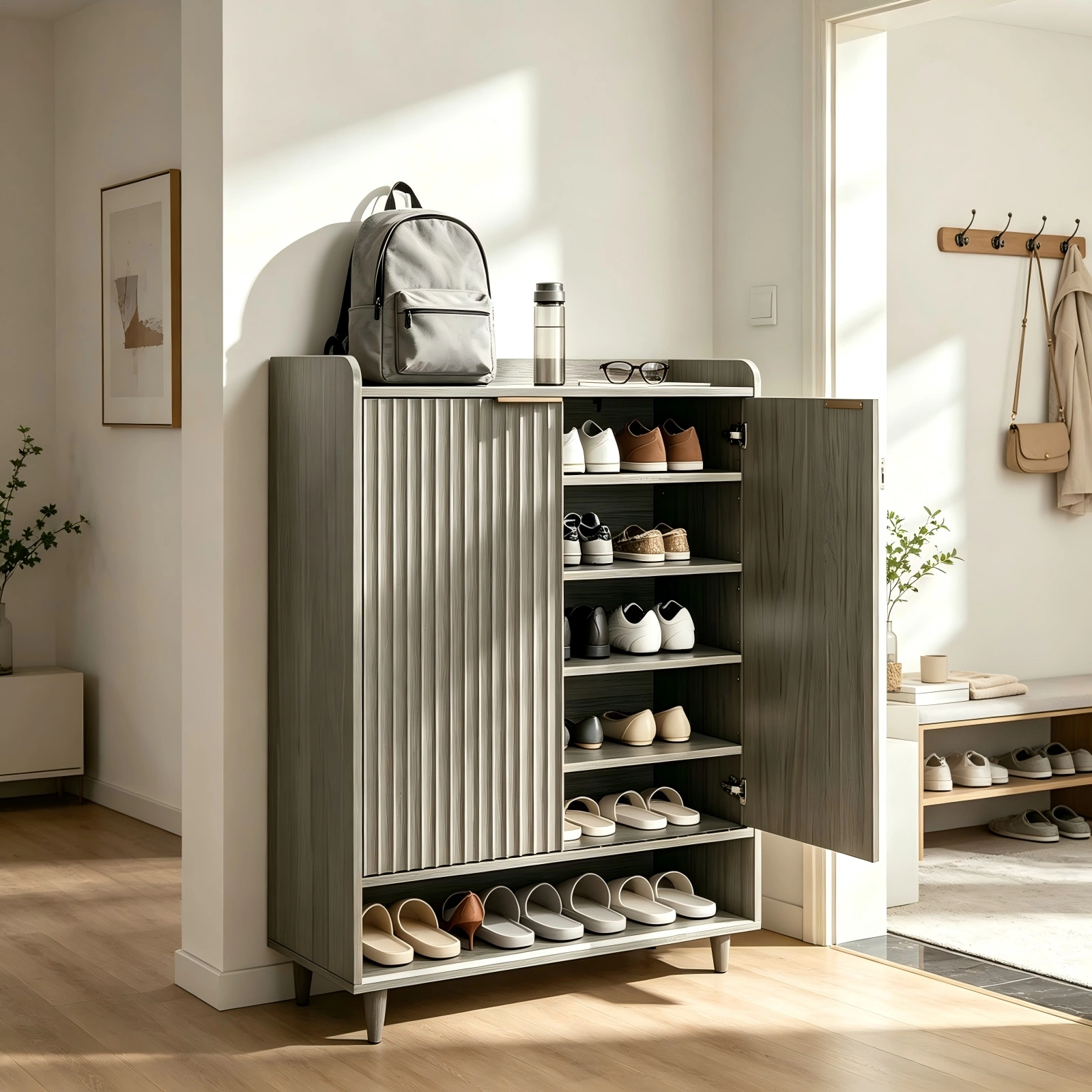 Grey Oak Shoe Cabinet 31.61x14.17x41.97in - 2 Doors, Top Railing, 1 Shelf Row, Melamine Board MDF Conical Leg Grille Design view 9