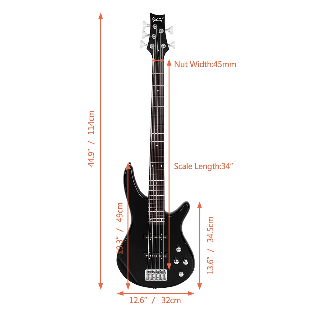 GIB Electric 5 String Bass Guitar Full Size Bag Strap Pick Connector Wrench Tool Black view 14