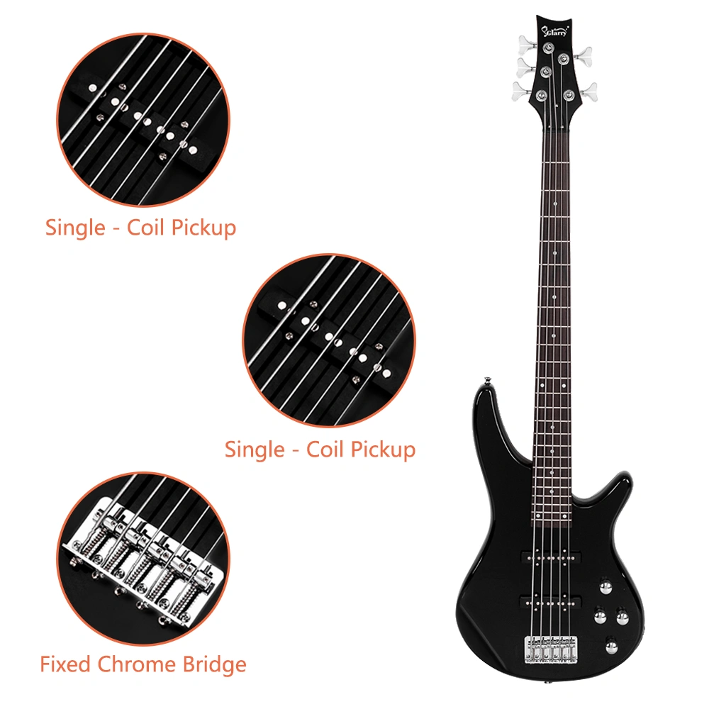 GIB Electric 5 String Bass Guitar Full Size Bag Strap Pick Connector Wrench Tool Black view 15