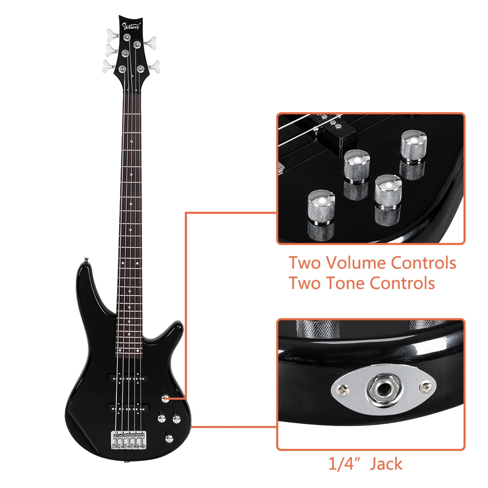 GIB Electric 5 String Bass Guitar Full Size Bag Strap Pick Connector Wrench Tool Black view 17