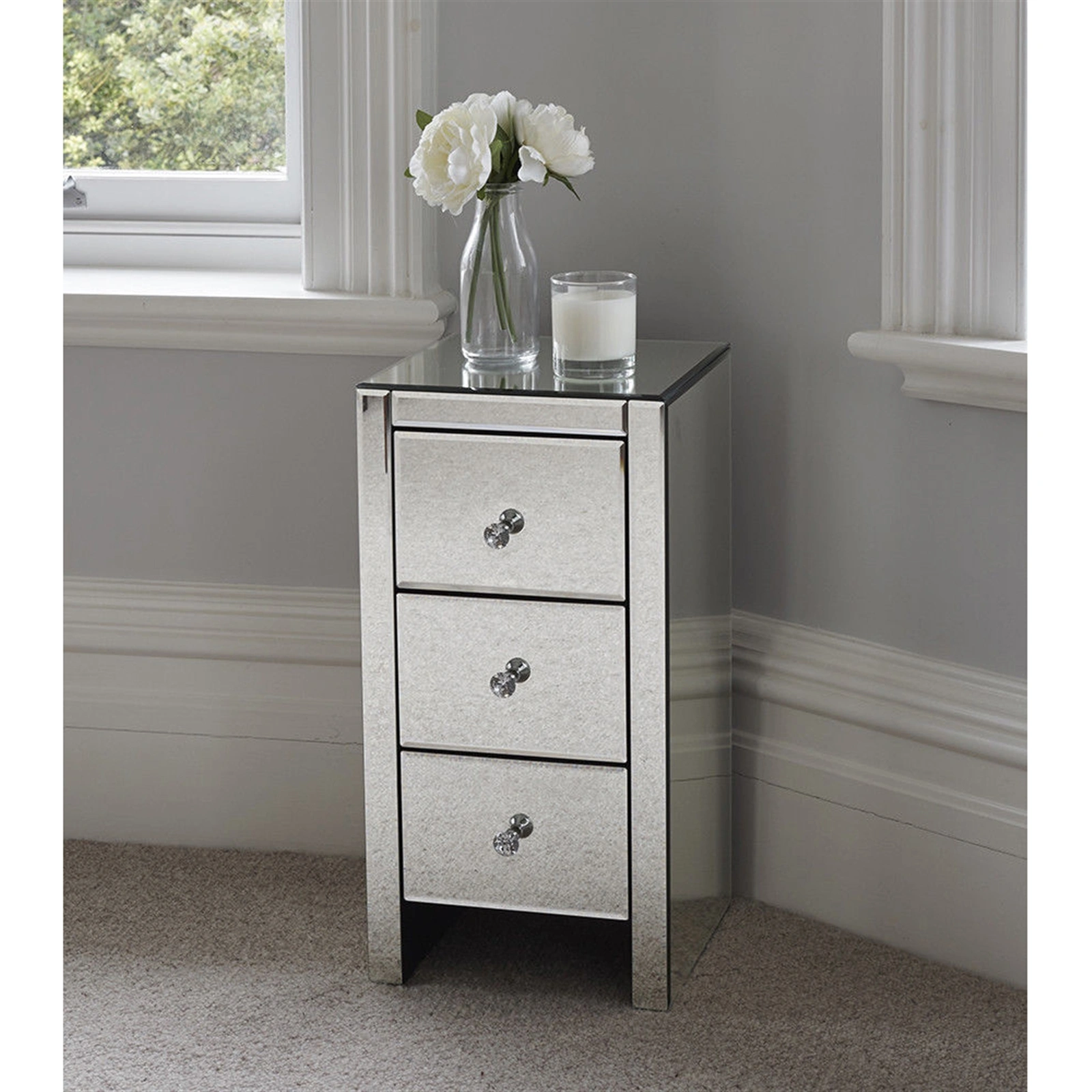 Mirrored Glass Bedside Table with Three Drawers Size S view 14