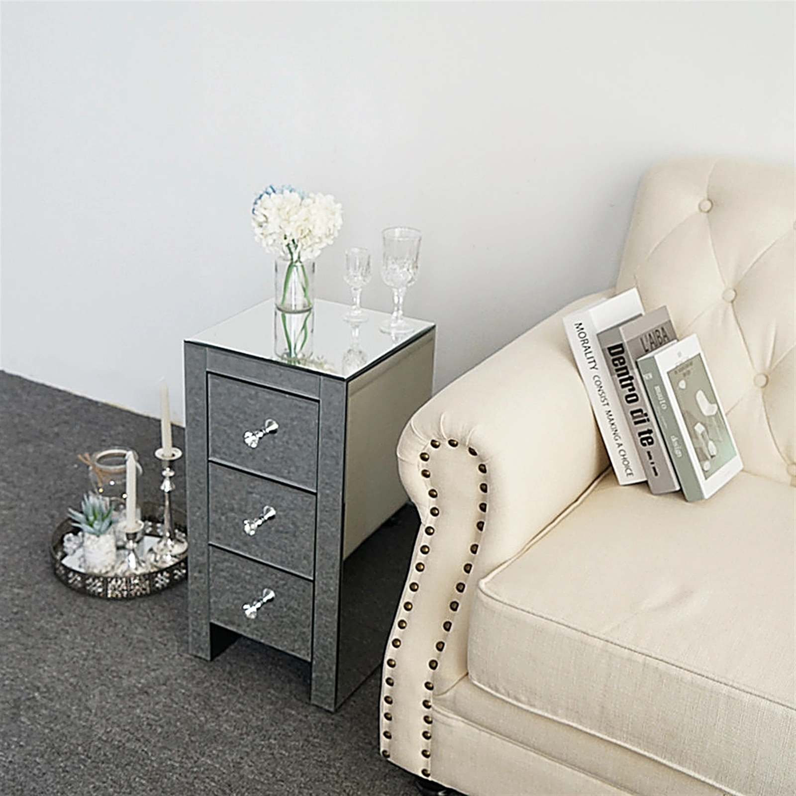 Mirrored Glass Bedside Table with Three Drawers Size S view 18
