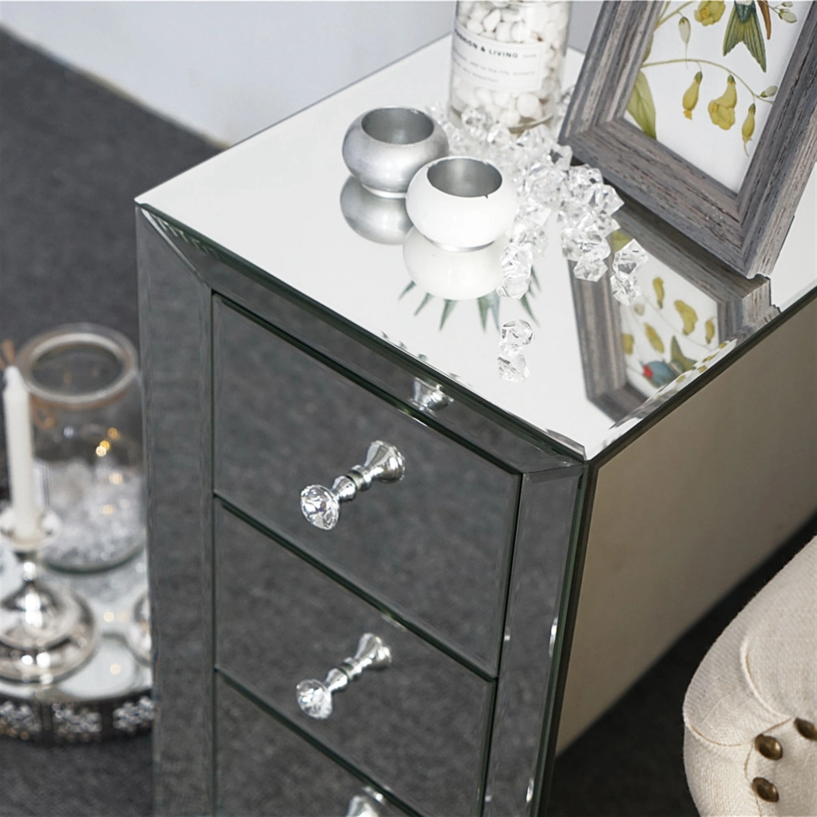 Mirrored Glass Bedside Table with Three Drawers Size S view 19