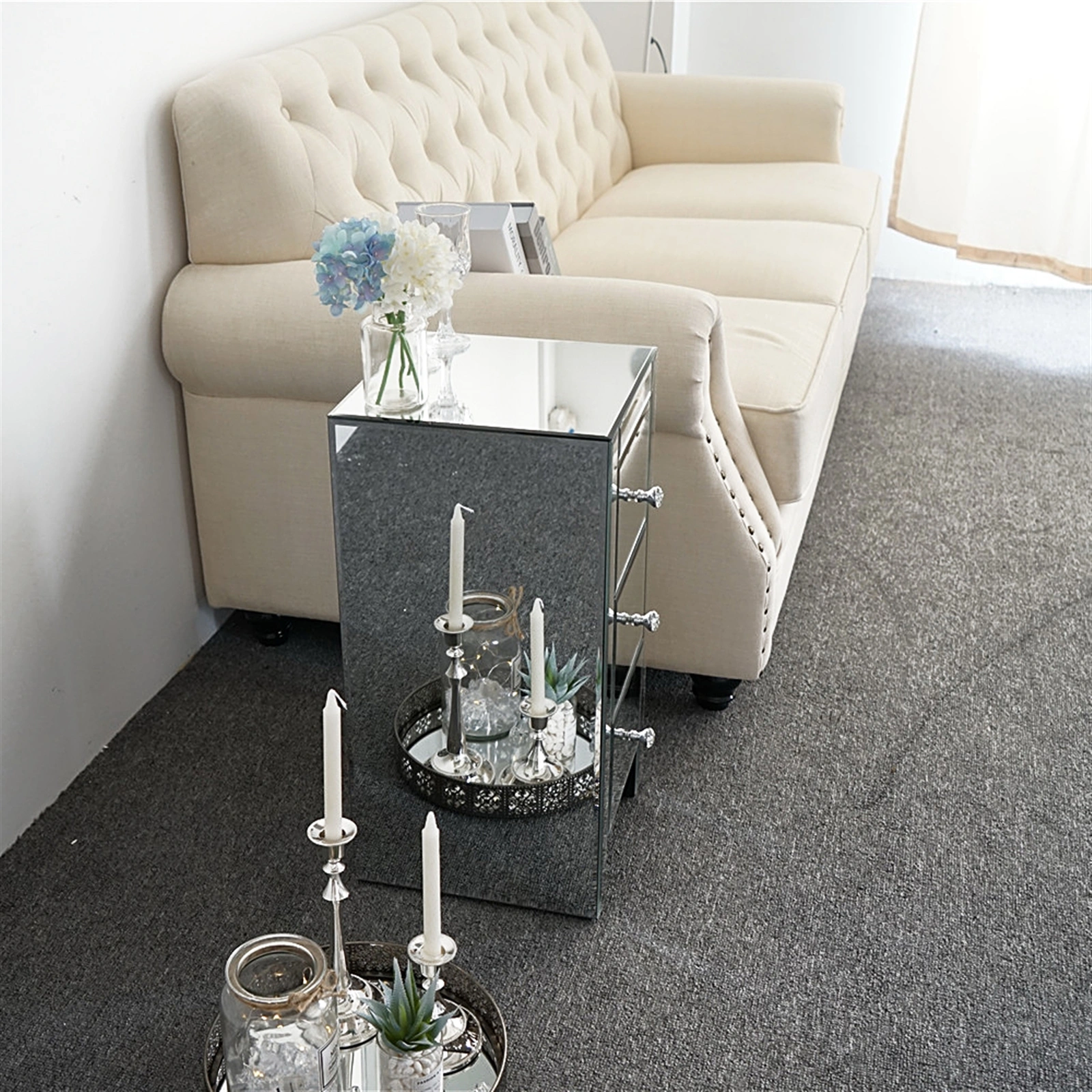 Mirrored Glass Bedside Table with Three Drawers Size S view 20