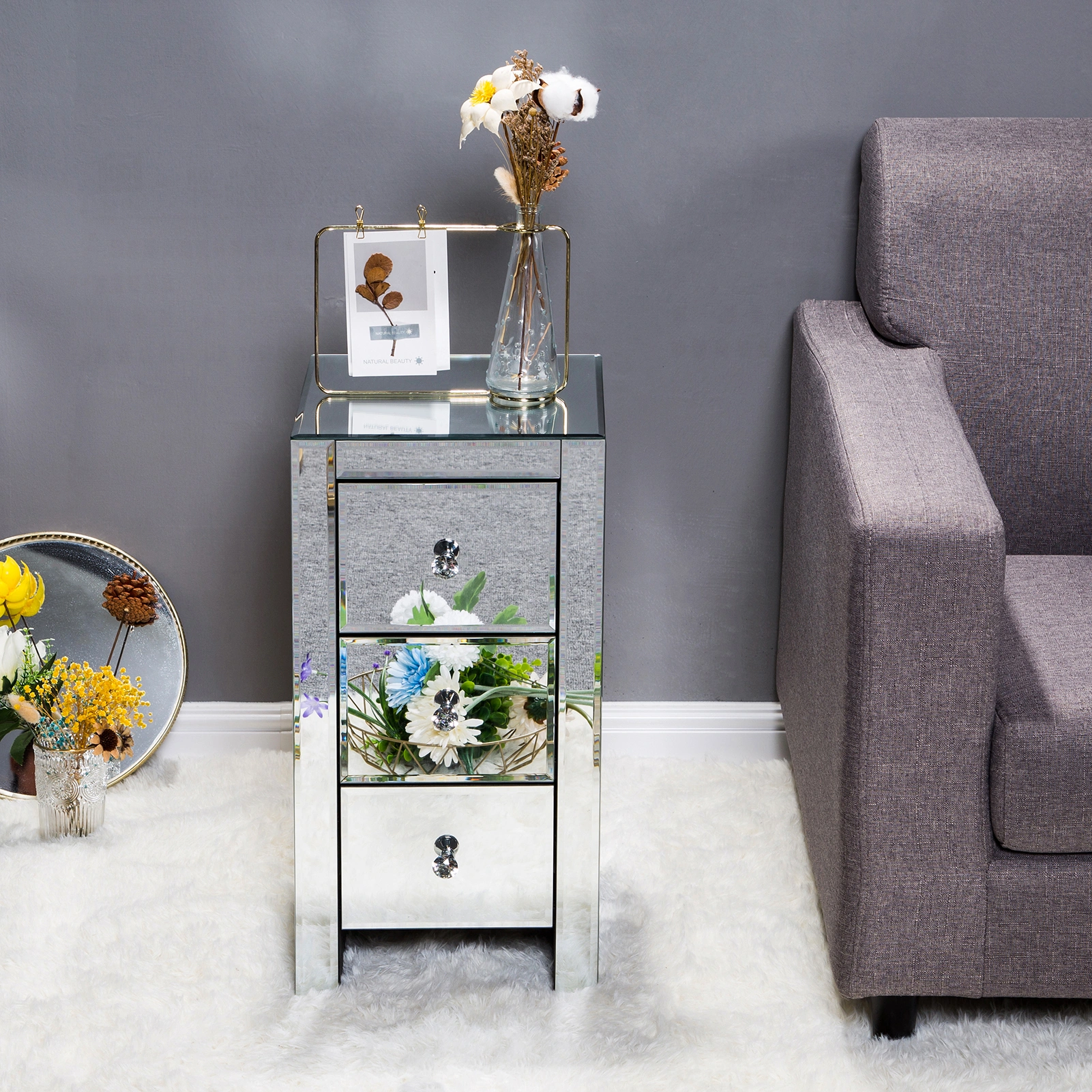 Mirrored Glass Bedside Table with Three Drawers Size S view 34