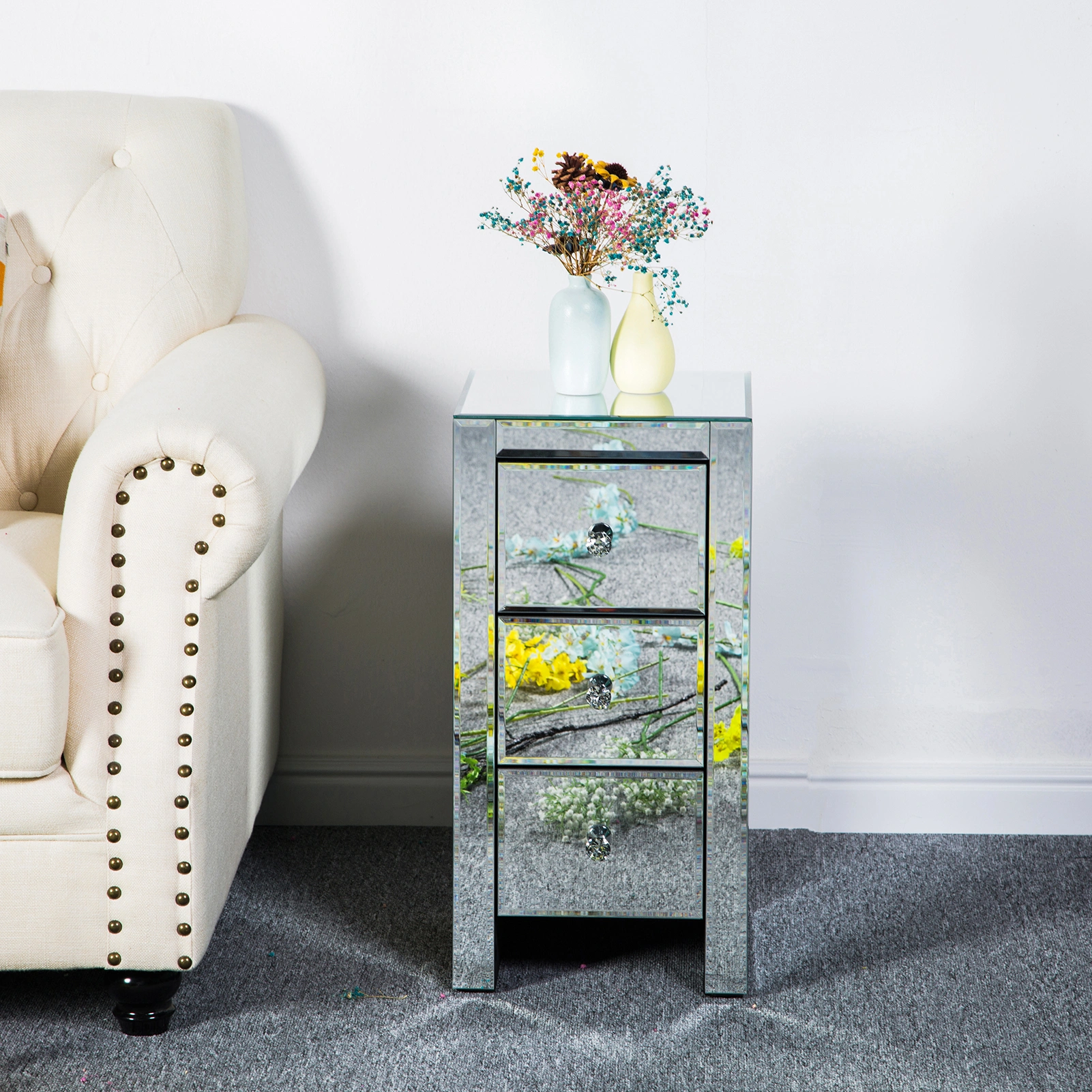 Mirrored Glass Bedside Table with Three Drawers Size S view 36