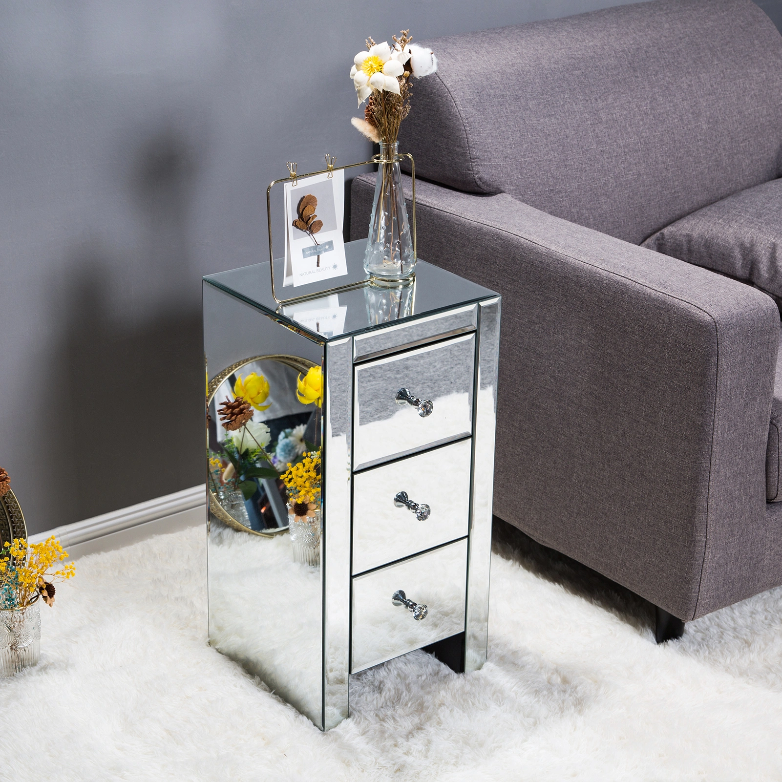 Mirrored Glass Bedside Table with Three Drawers Size S view 37