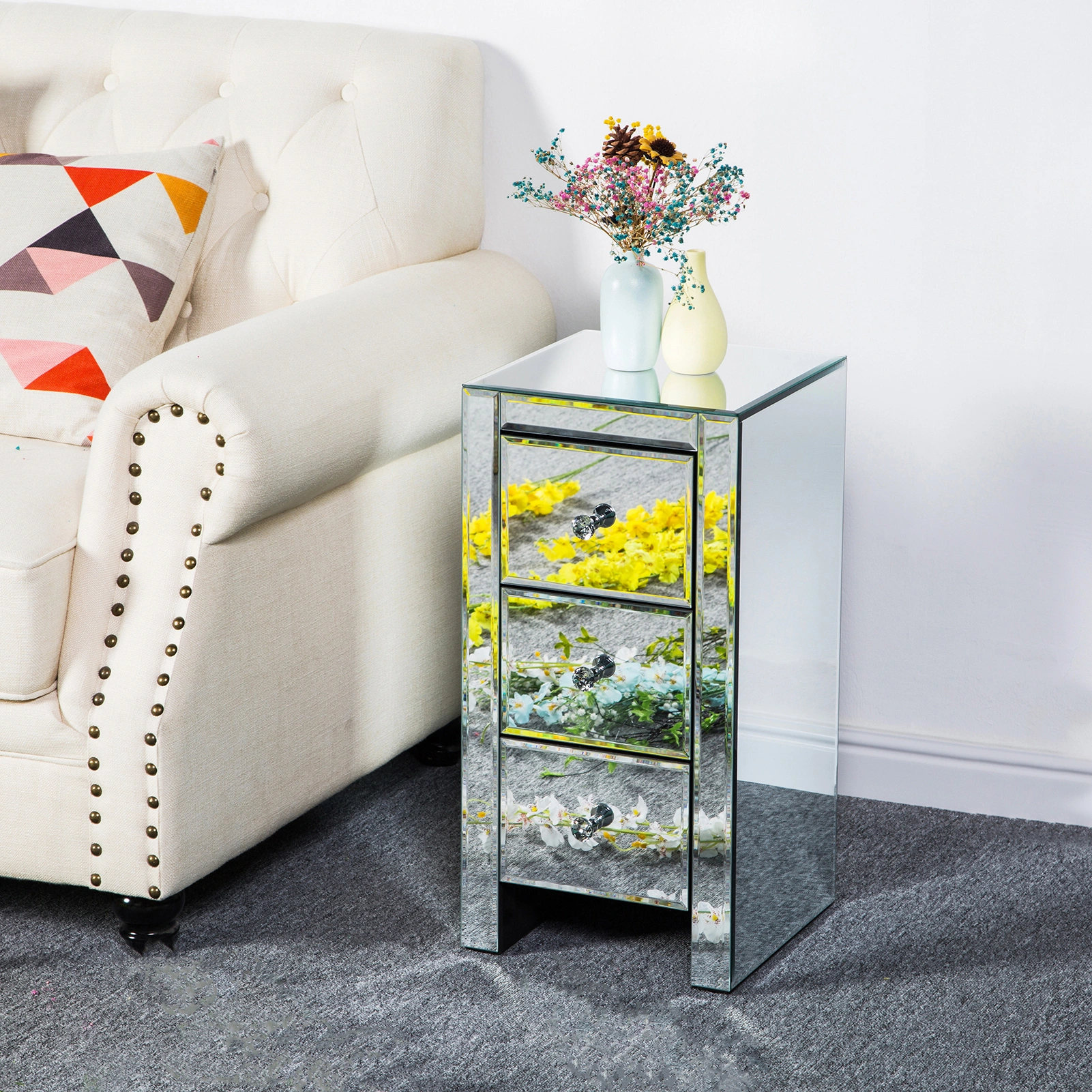 Mirrored Glass Bedside Table with Three Drawers Size S view 38