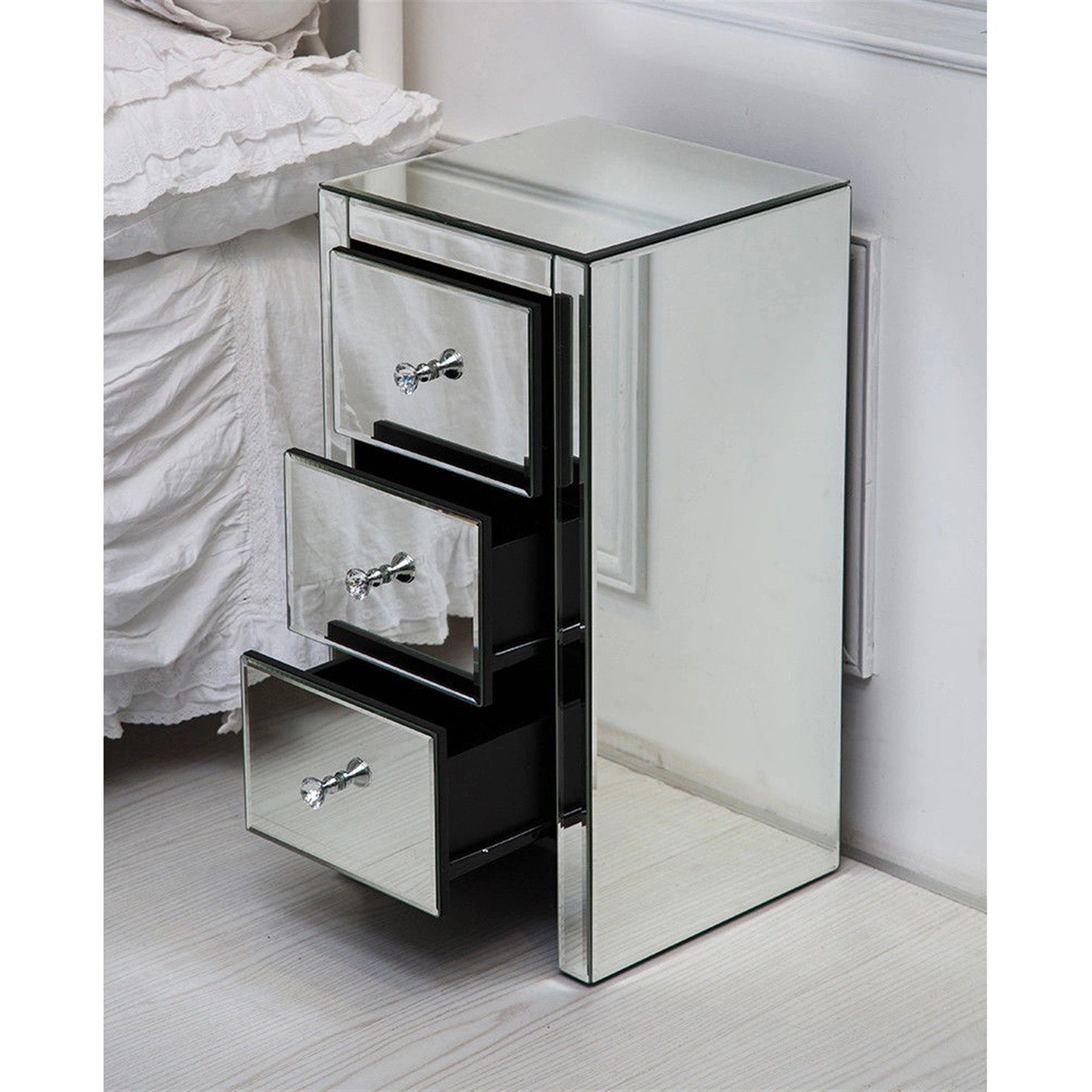 Mirrored Glass Bedside Table with Three Drawers Size S view 8