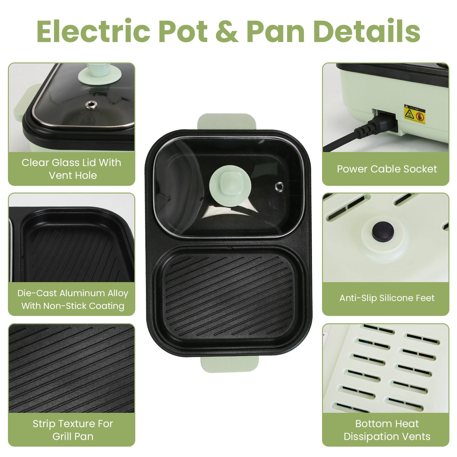 2-in-1 Electric Hot Pot & Grill Combo, Dual Separate Temperature Control, Non-Stick Die-Cast Aluminum, Overheat Protection, 33.82OZ Hot Pot 6.76OZ Grill, Portable for 1-2 People, Home Dorm Indoor BBQ view 11