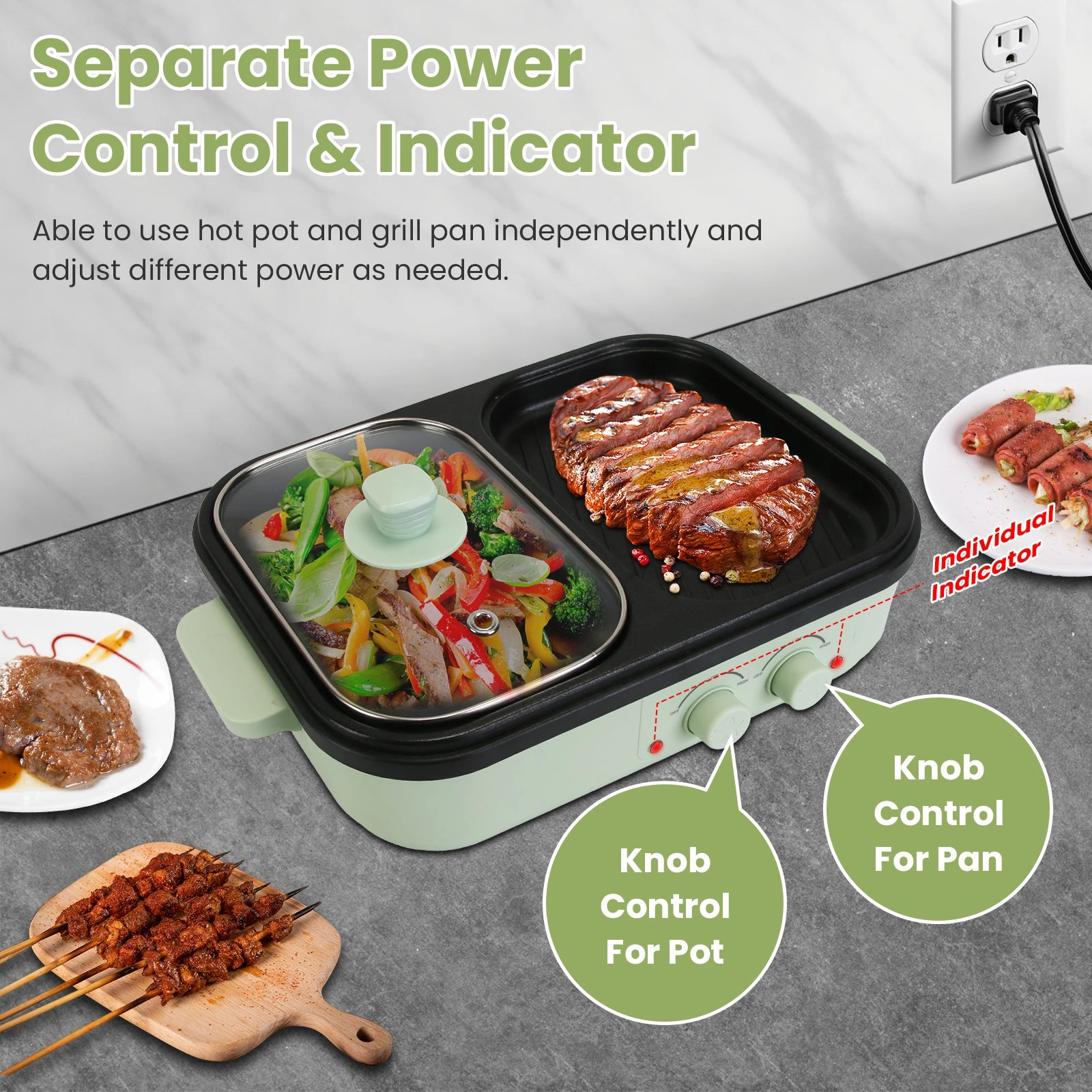 2-in-1 Electric Hot Pot & Grill Combo, Dual Separate Temperature Control, Non-Stick Die-Cast Aluminum, Overheat Protection, 33.82OZ Hot Pot 6.76OZ Grill, Portable for 1-2 People, Home Dorm Indoor BBQ view 4