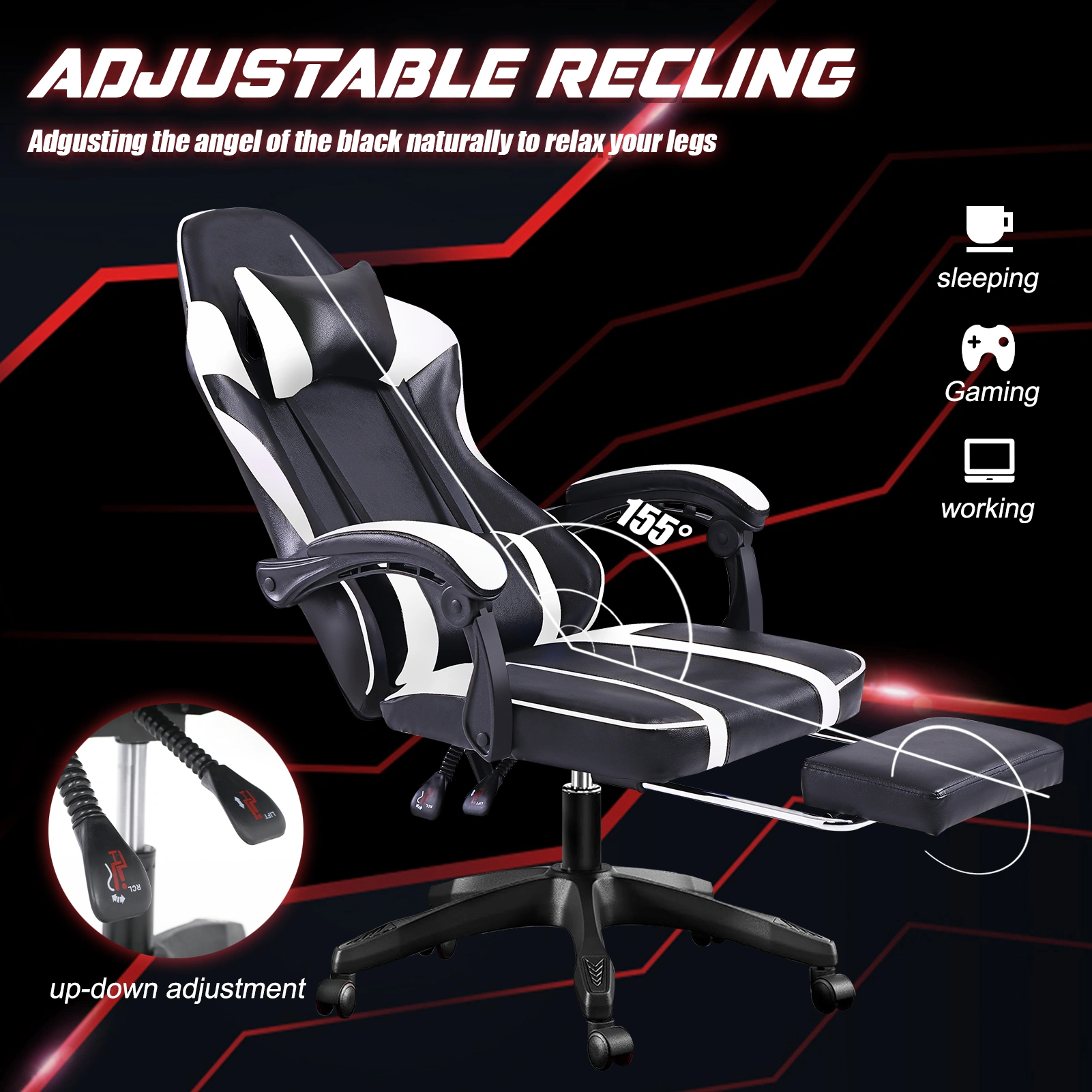 Ergonomic Gaming Chair with Footrest, Heavy Duty Office Chair with Adjustable Lumbar Support, PU Leather Swivel Computer Chair, White view 3