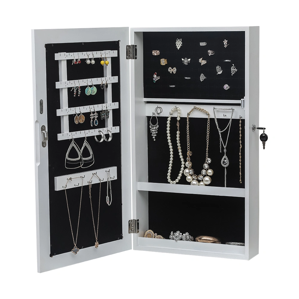 White Wall-Mounted Jewelry Cabinet with Mirror - Space Saving Armoire Storage Organizer