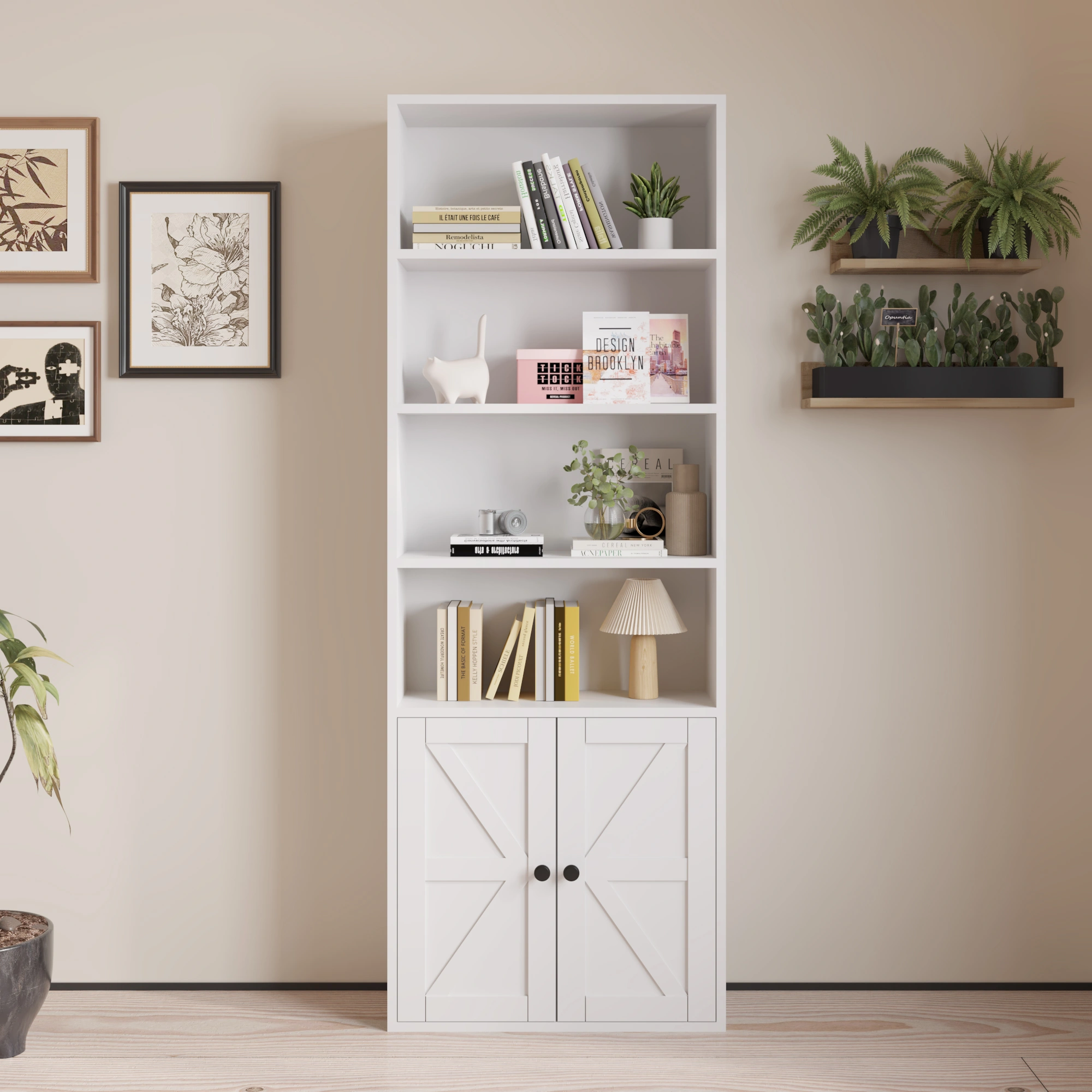 White 4-Layer Melamine Display Cabinet with 2 Doors Double Z-Shape 60x23.5x180cm