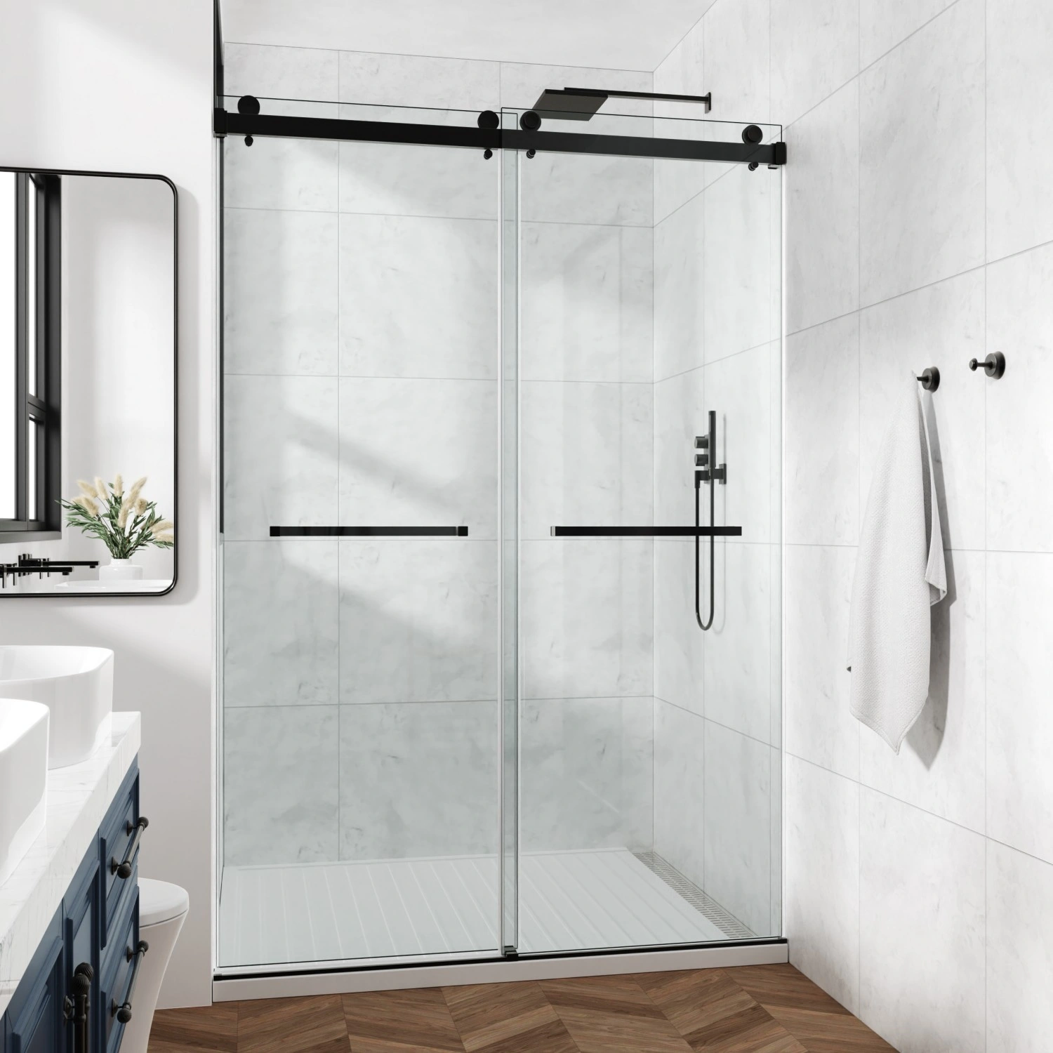 Frameless Double Sliding Shower Door 60x76", 3/8" (10mm) SGCC Tempered Glass, Stainless Steel view 2