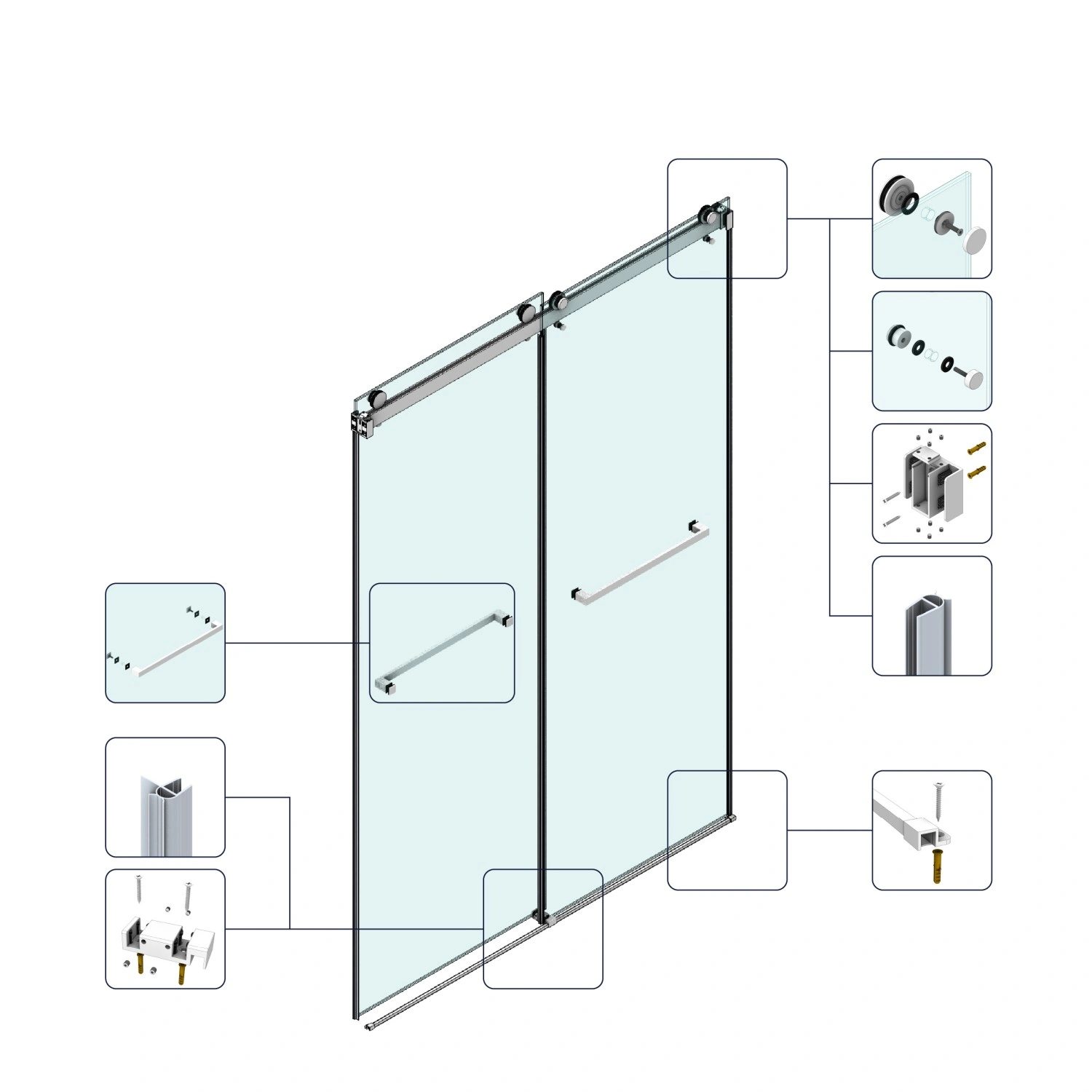 Frameless Double Sliding Shower Door 60x76", 3/8" (10mm) SGCC Tempered Glass, Stainless Steel view 8