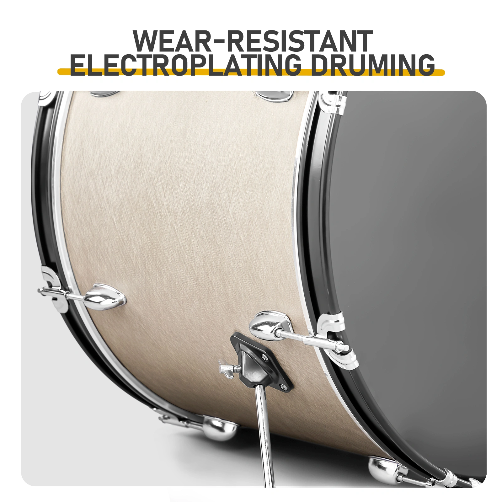 Full Size Adult Drum Set 5-Piece Silver with Bass Drum, two Tom Drum, Snare Drum, Floor Tom, 16" Ride Cymbal, 14" Hi-hat Cymbals, Stool, Drum Pedal, Sticks view 10