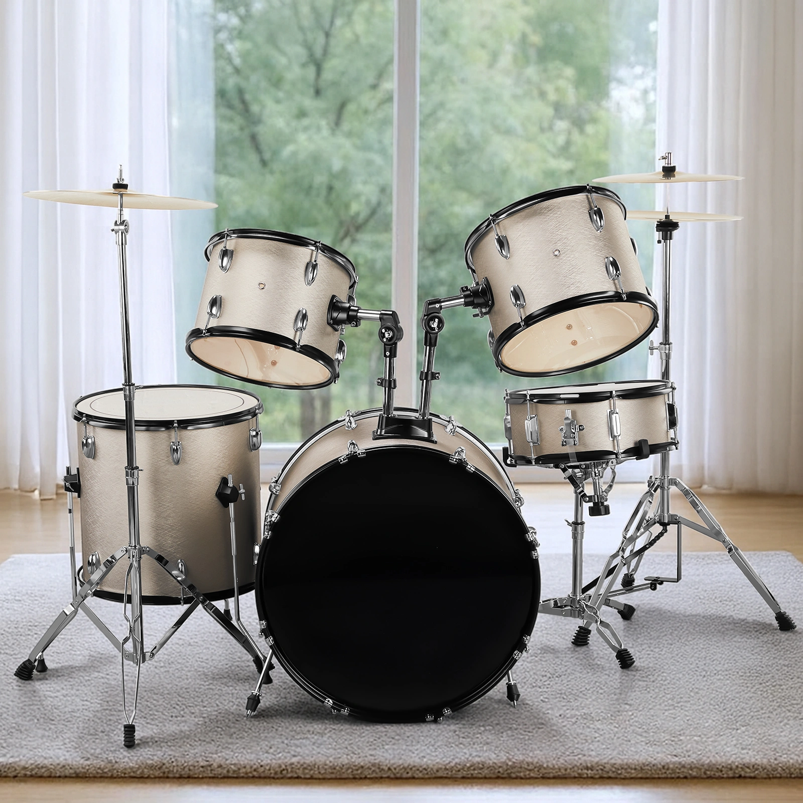 Full Size Adult Drum Set 5-Piece Silver with Bass Drum, two Tom Drum, Snare Drum, Floor Tom, 16" Ride Cymbal, 14" Hi-hat Cymbals, Stool, Drum Pedal, Sticks view 12