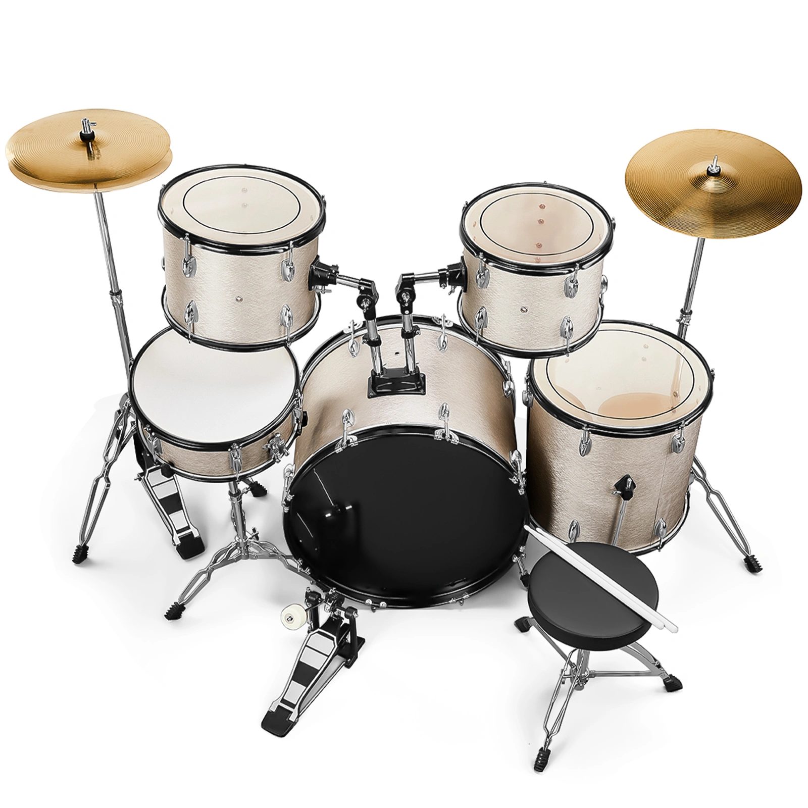 Full Size Adult Drum Set 5-Piece Silver with Bass Drum, two Tom Drum, Snare Drum, Floor Tom, 16" Ride Cymbal, 14" Hi-hat Cymbals, Stool, Drum Pedal, Sticks view 2