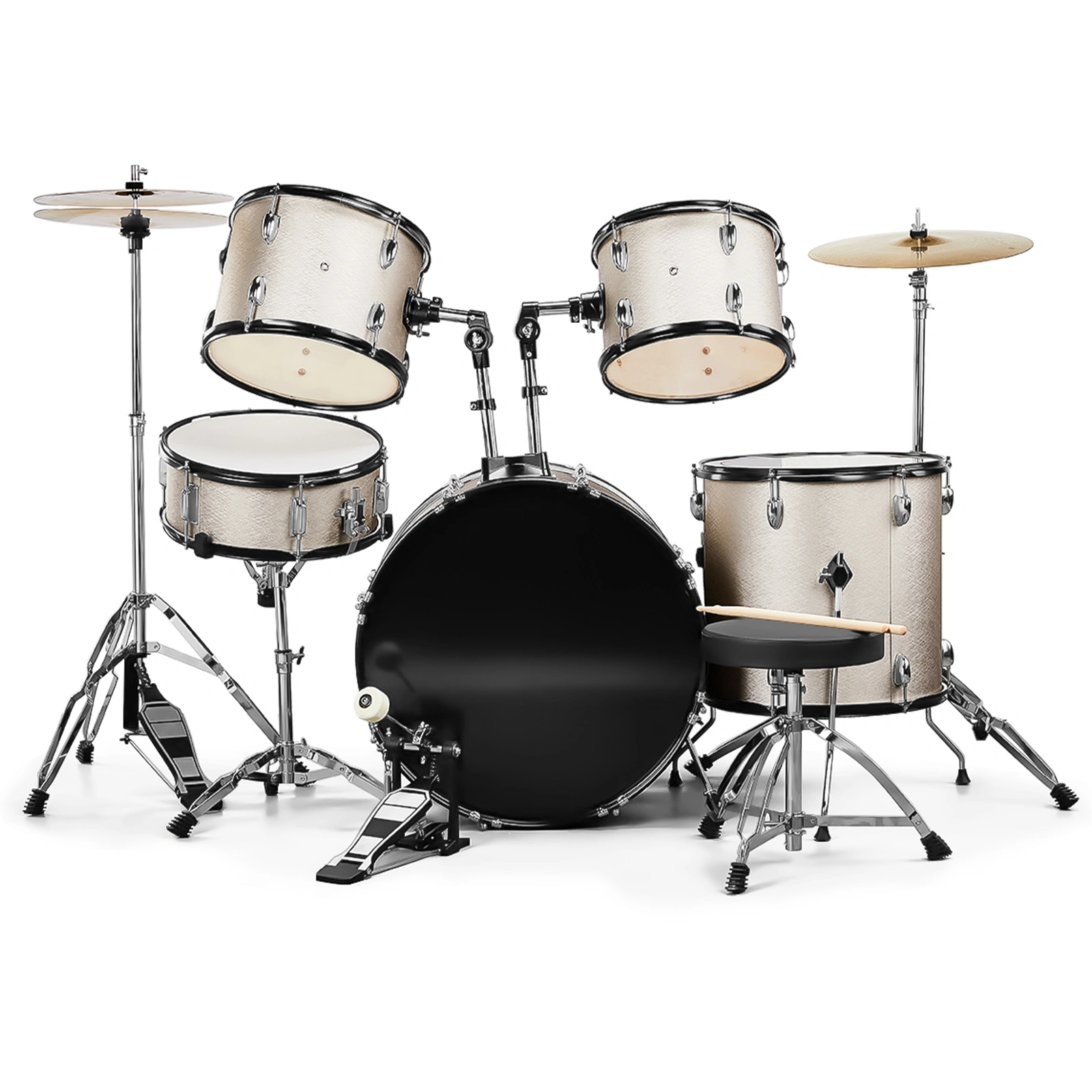 Full Size Adult Drum Set 5-Piece Silver with Bass Drum, two Tom Drum, Snare Drum, Floor Tom, 16" Ride Cymbal, 14" Hi-hat Cymbals, Stool, Drum Pedal, Sticks view 7