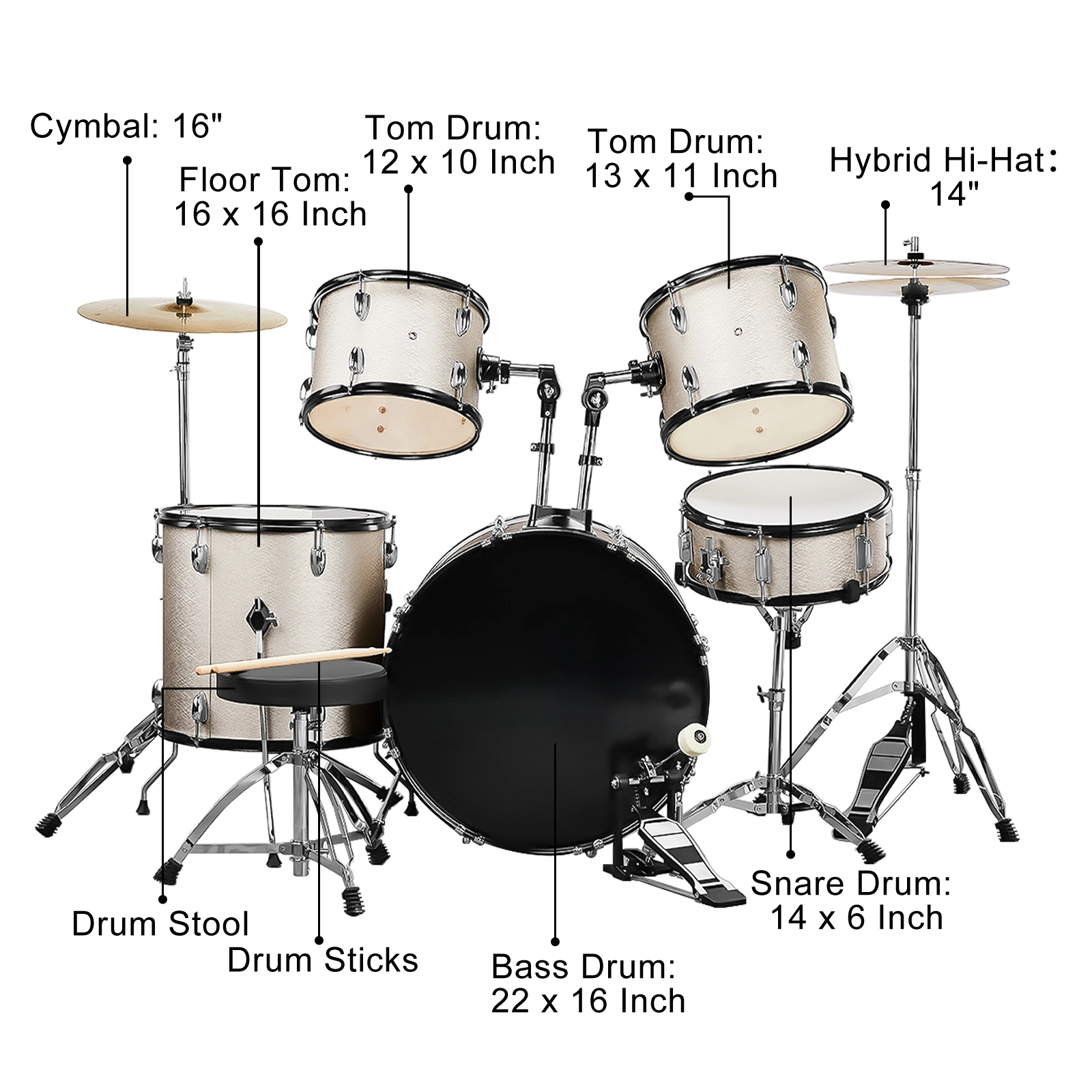 Full Size Adult Drum Set 5-Piece Silver with Bass Drum, two Tom Drum, Snare Drum, Floor Tom, 16" Ride Cymbal, 14" Hi-hat Cymbals, Stool, Drum Pedal, Sticks view 8