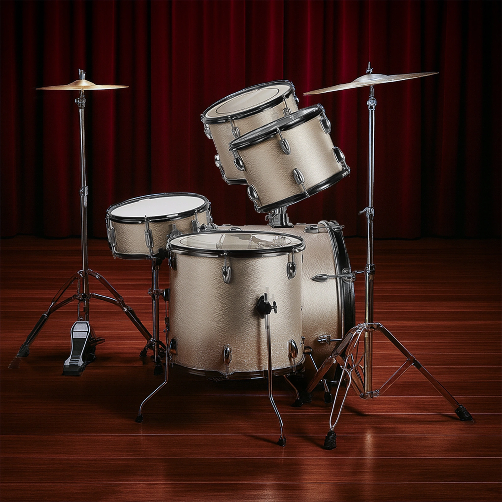 Full Size Adult Drum Set 5-Piece Silver with Bass Drum, two Tom Drum, Snare Drum, Floor Tom, 16" Ride Cymbal, 14" Hi-hat Cymbals, Stool, Drum Pedal, Sticks view 9