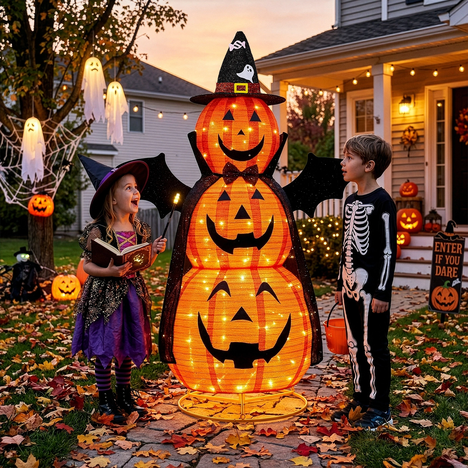5ft Orange 3-Tier Retractable Fabric Pumpkin Halloween Light Decor with Cape & Wings, 130 Warm White LED String Lights, 4.5V 3.6W view 11